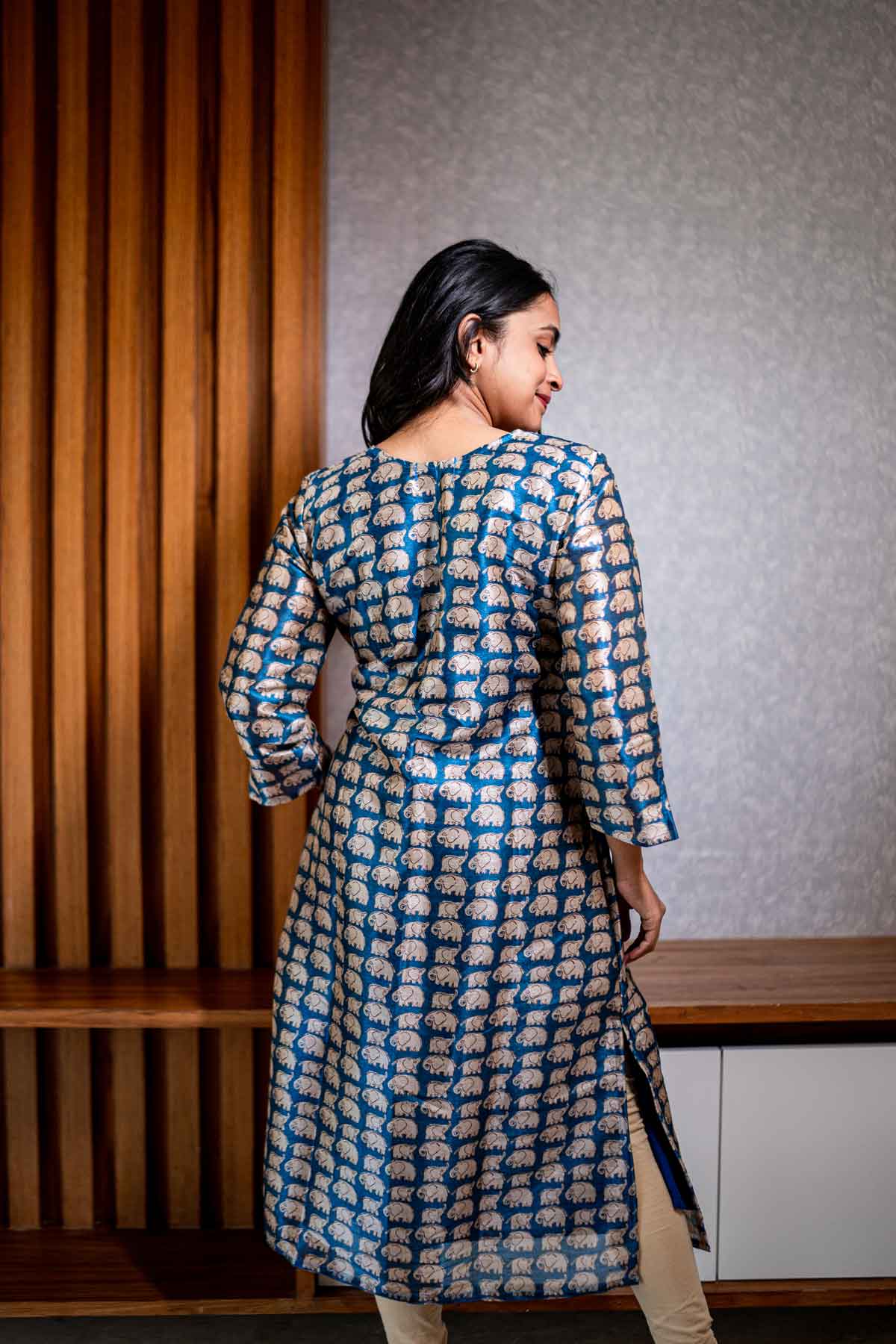 Navy blue silk elephant printed kurta