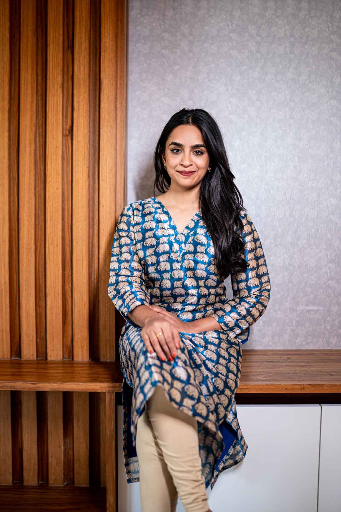 Navy blue silk elephant printed kurta