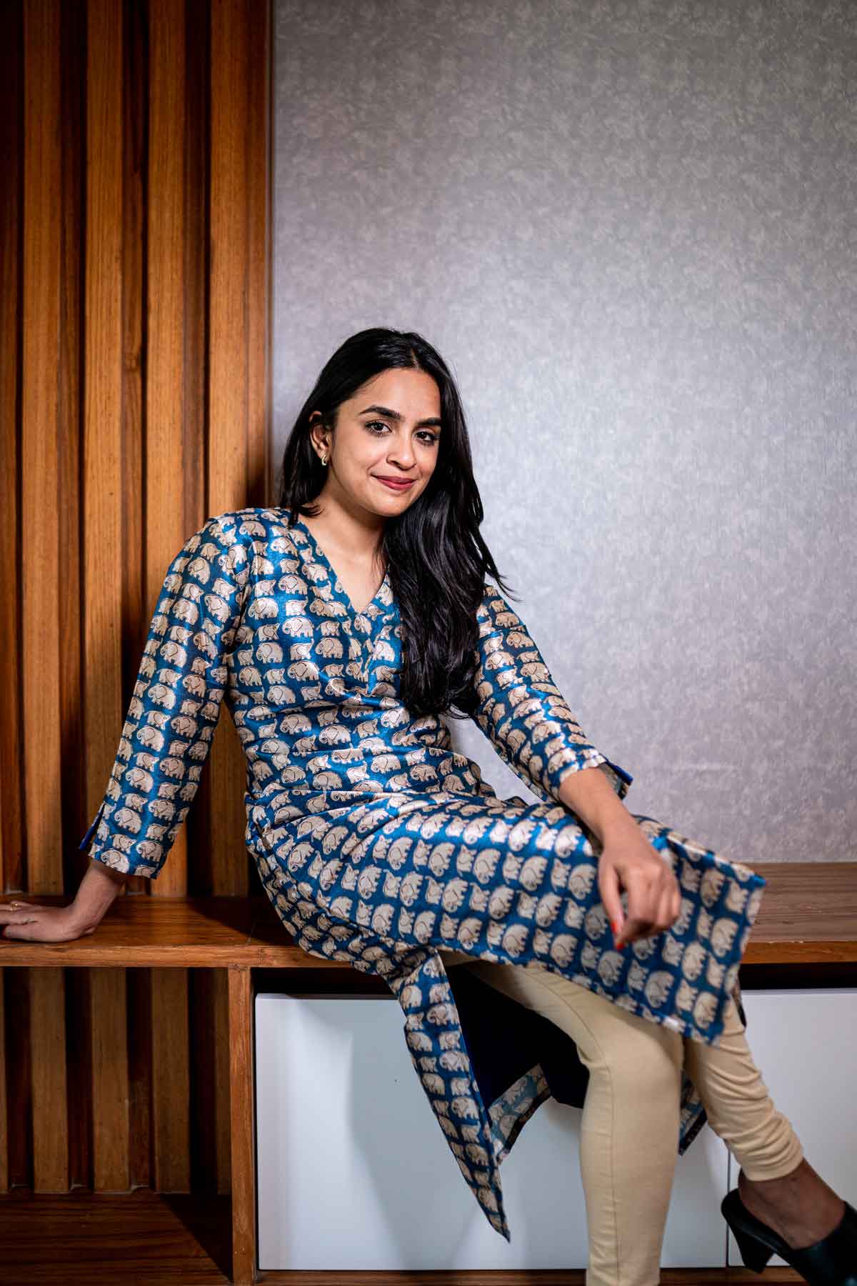 Navy blue silk elephant printed kurta