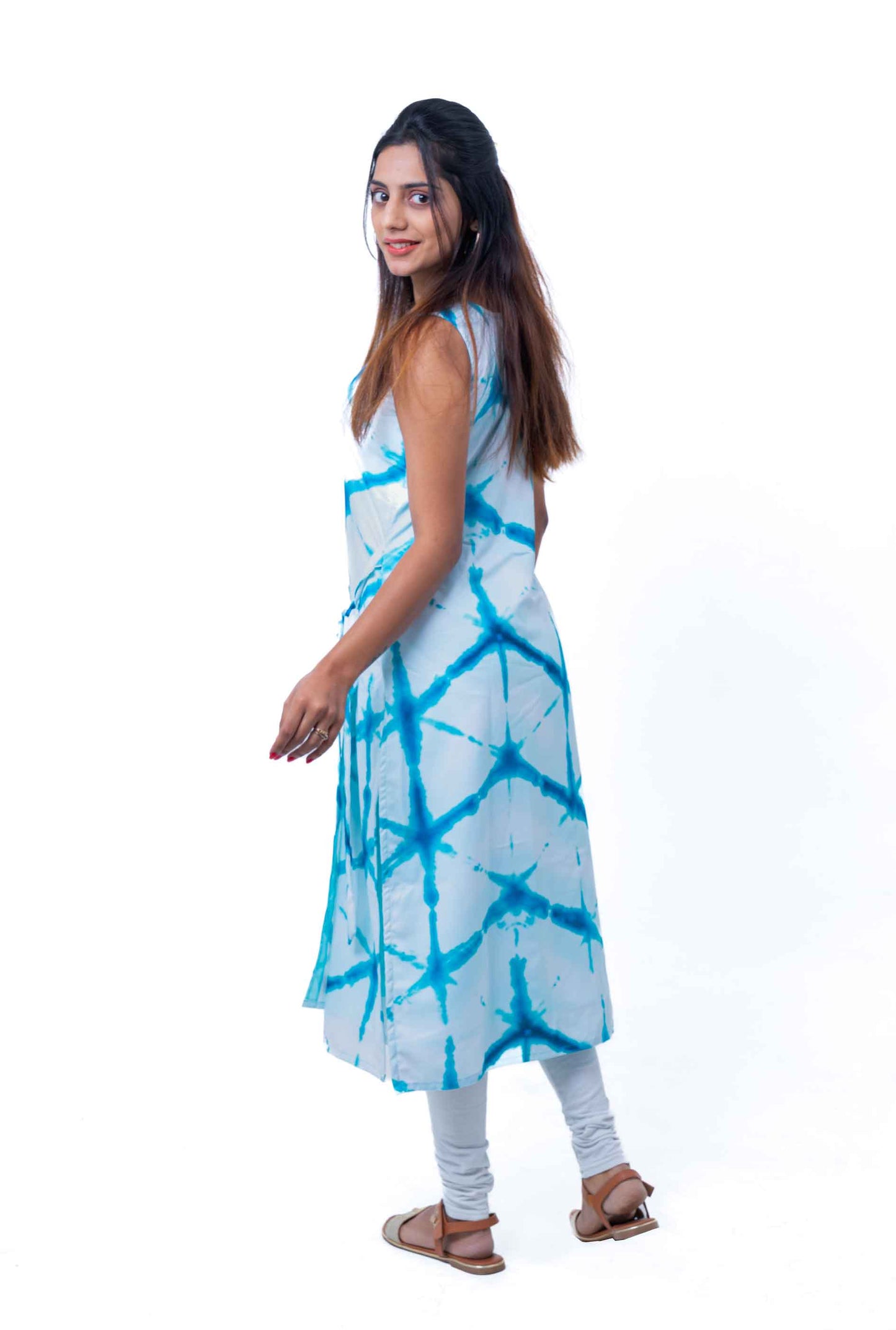 White and blue satin tie and dye kurta