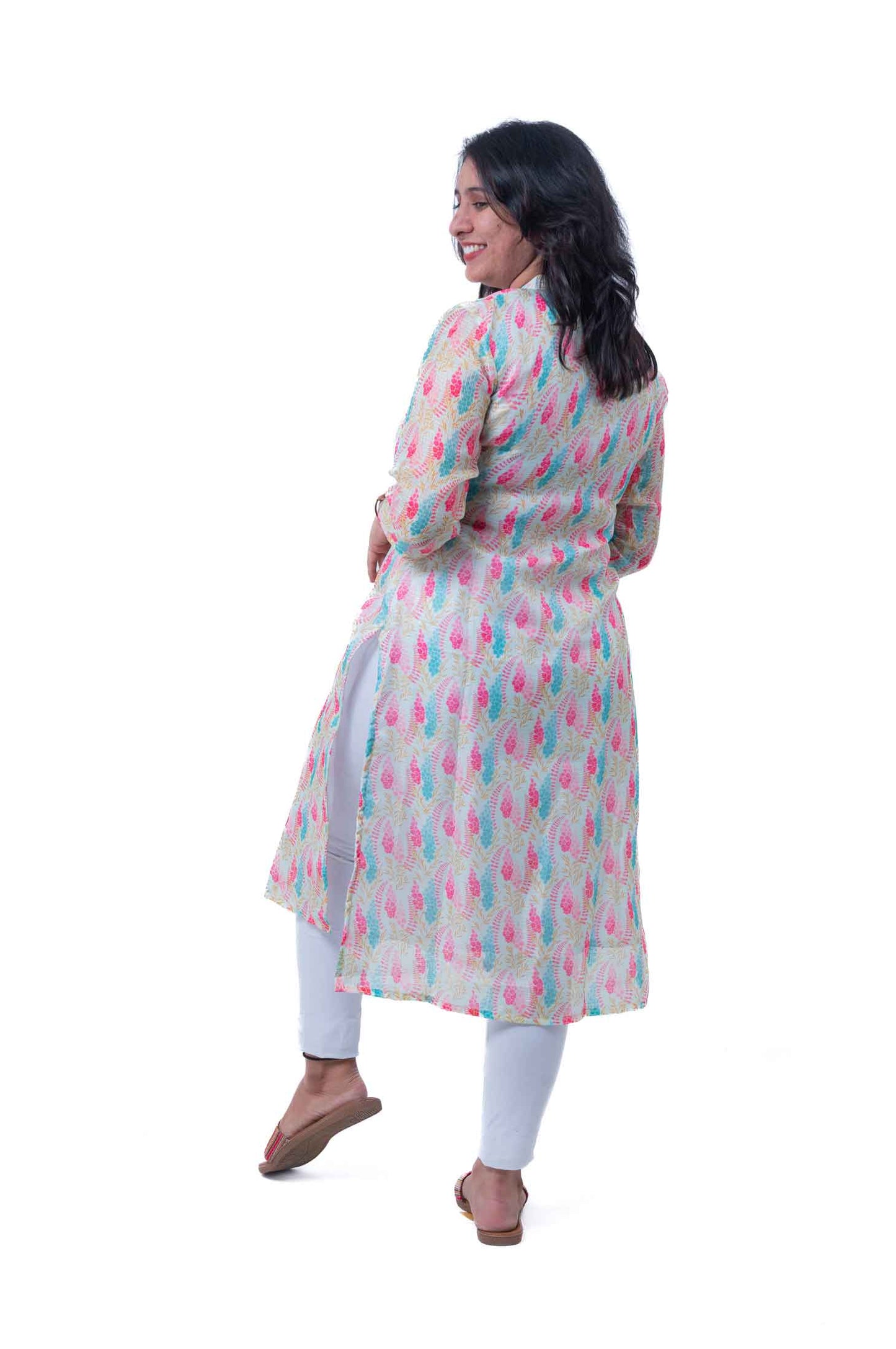 White and pink floral kota kurta