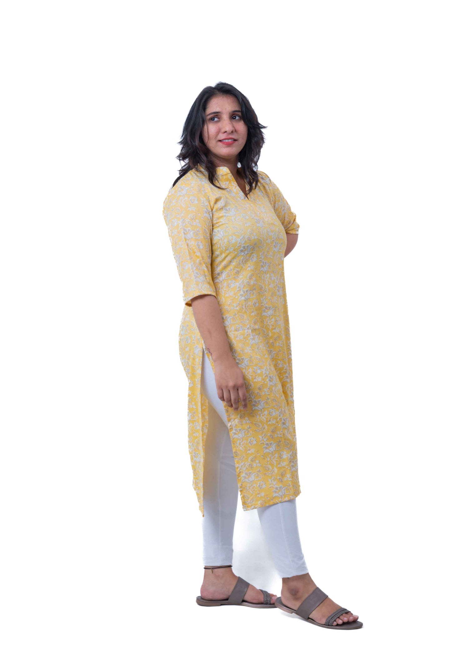 Yellow printed cotton kurta