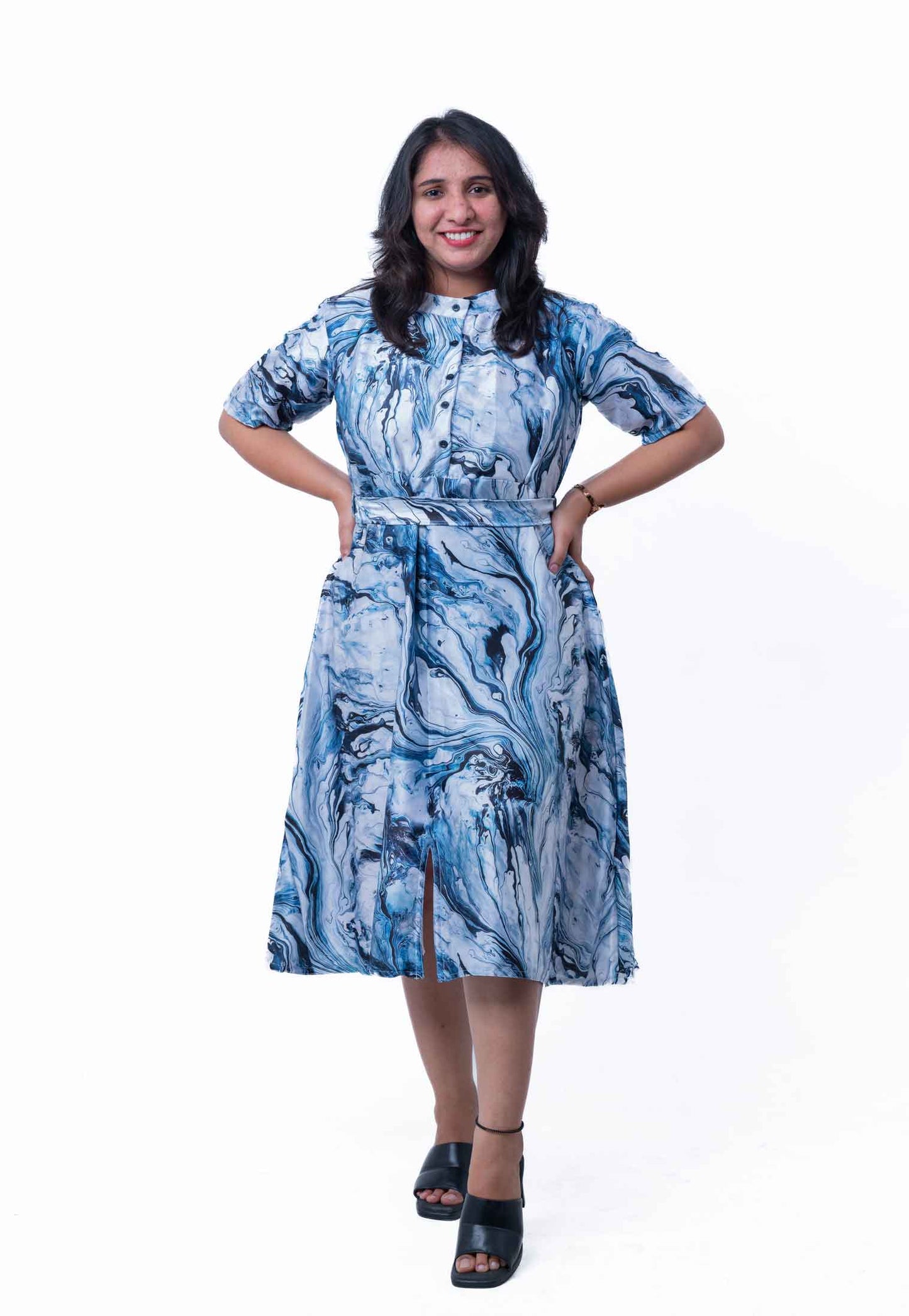 Slate blue tie-dye satin printed dress