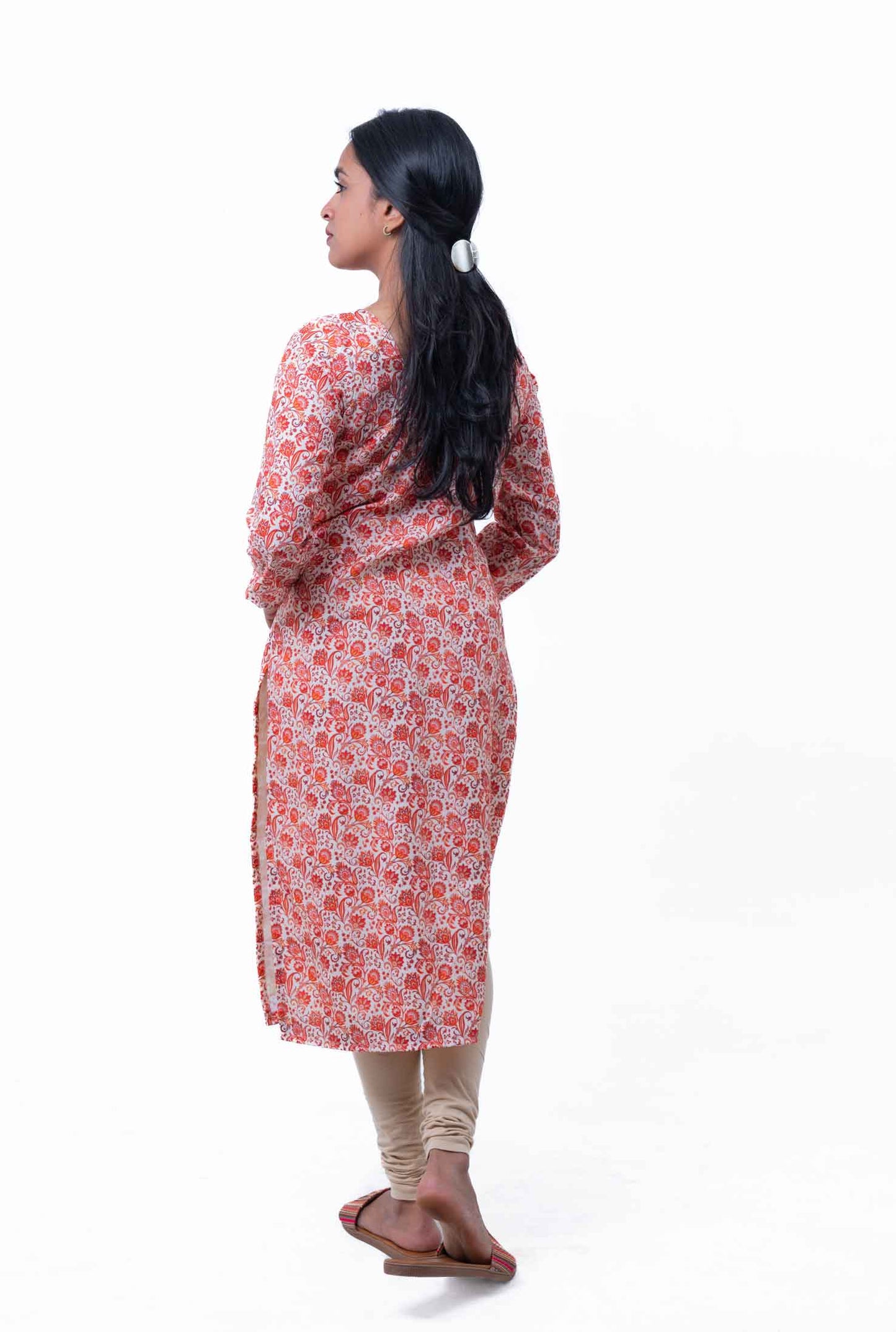 White and orange paisley printed straight kurta