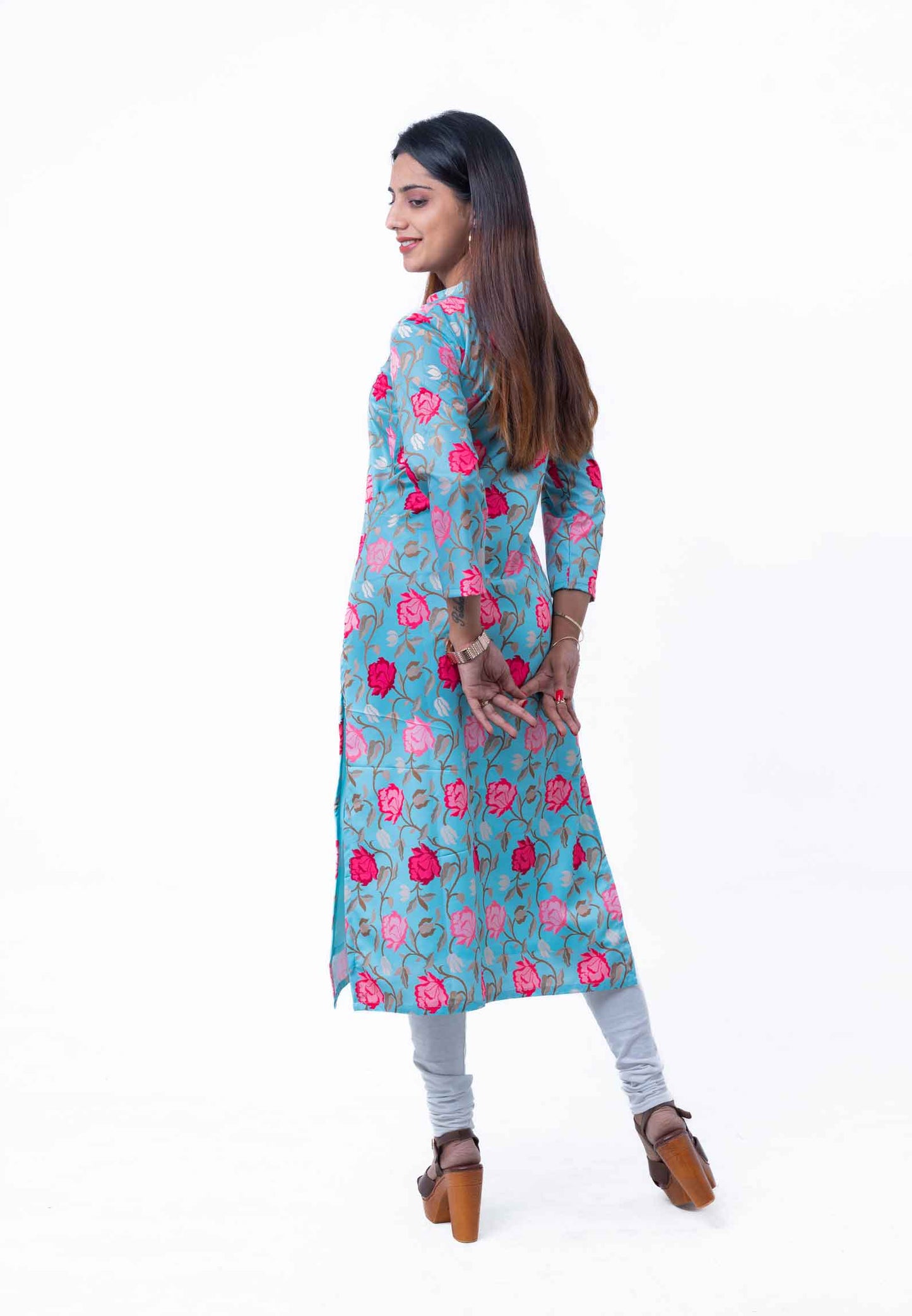 Capri blue floral printed straight kurta