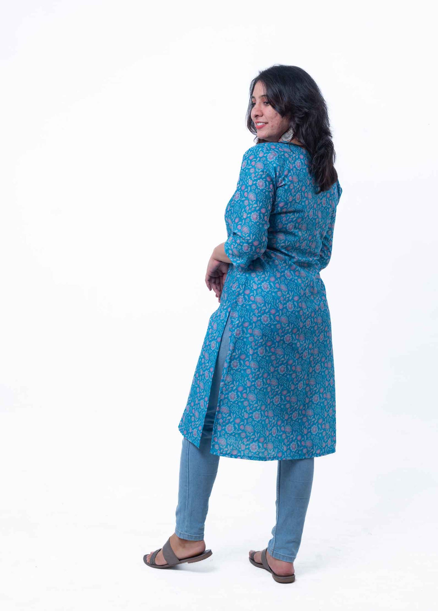 Prussian blue printed straight kurta