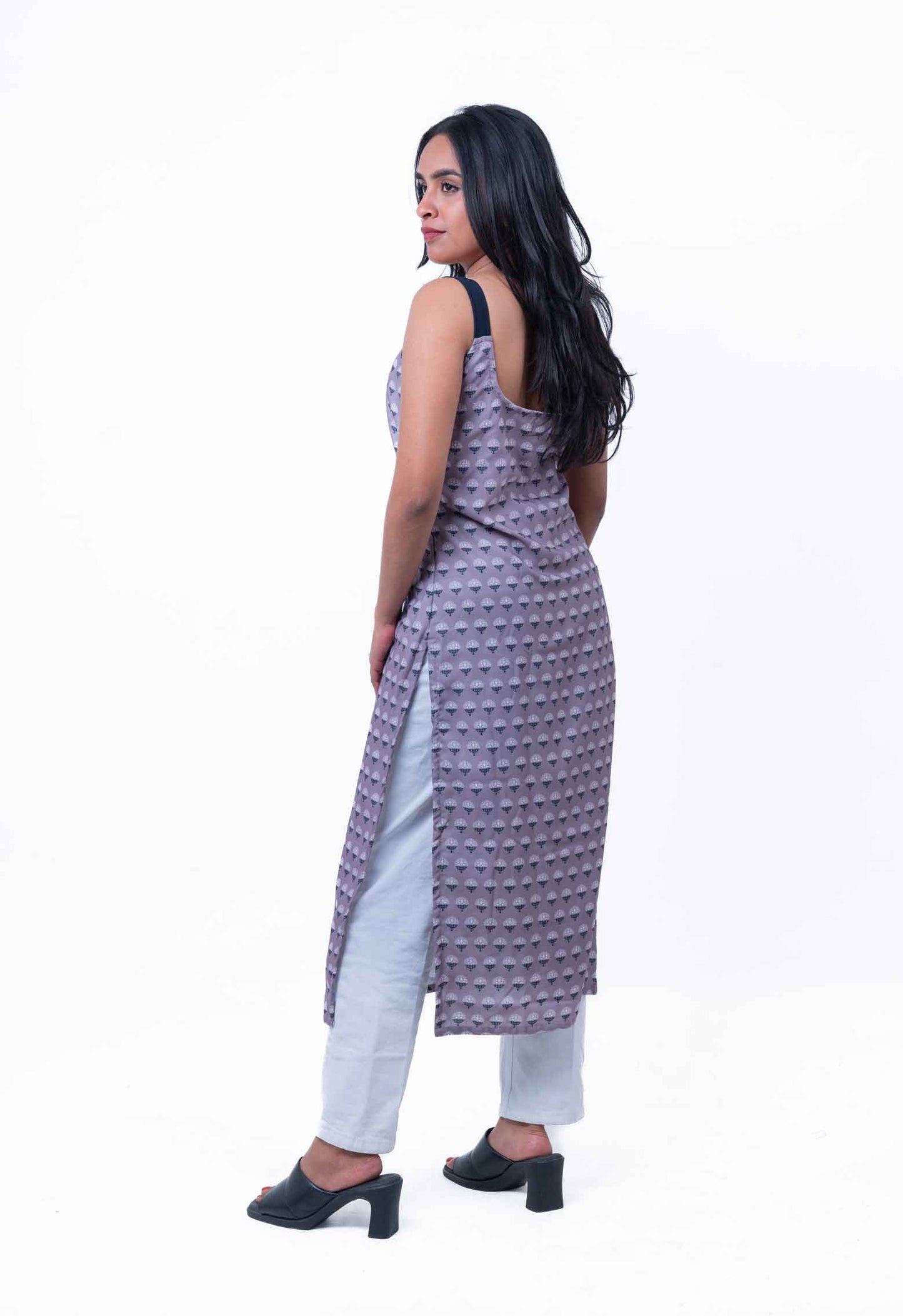 Fossil grey and dark blue booti printed strap kurta