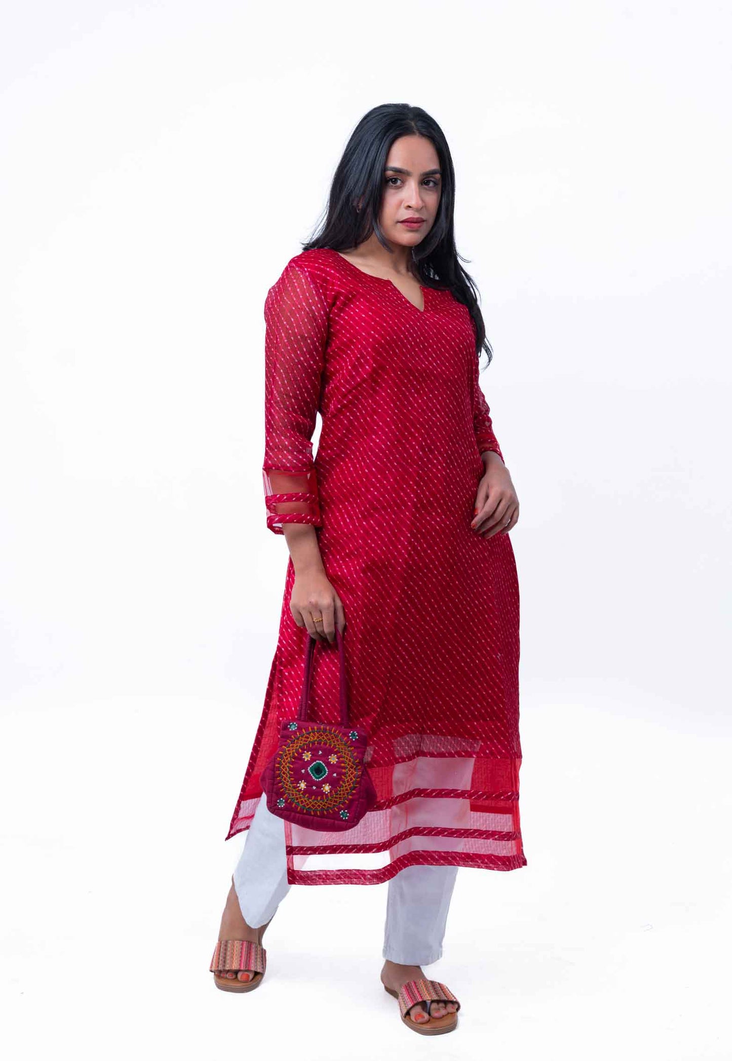 Maroon kota printed straight kurta