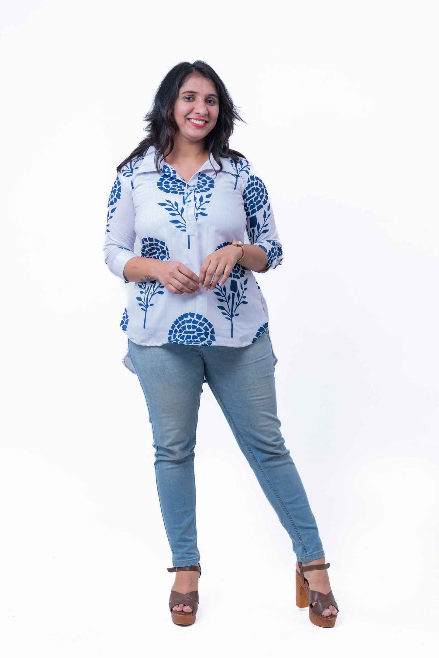 White and blue hi-low top