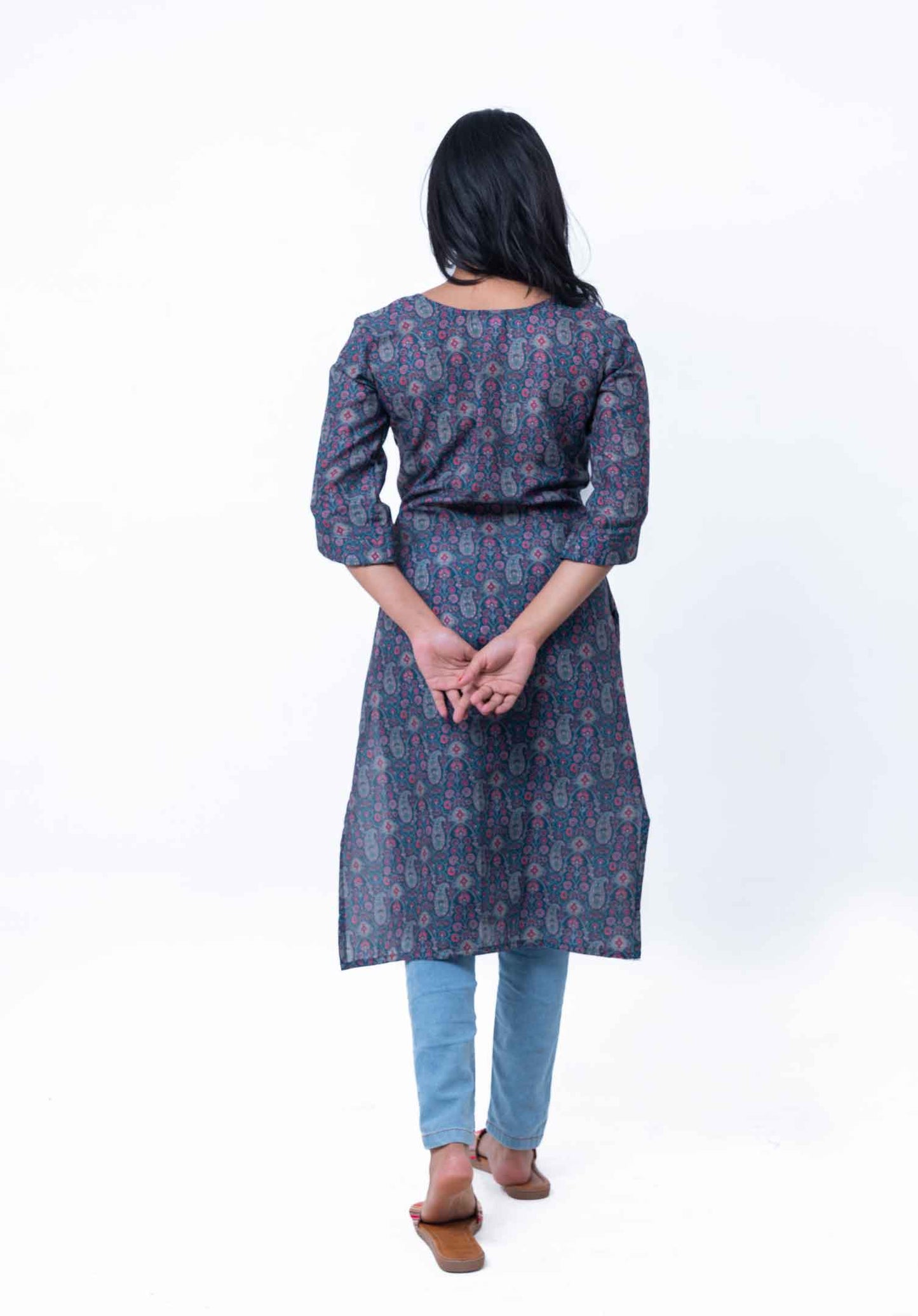 Teal blue paisley straight cotton kurta