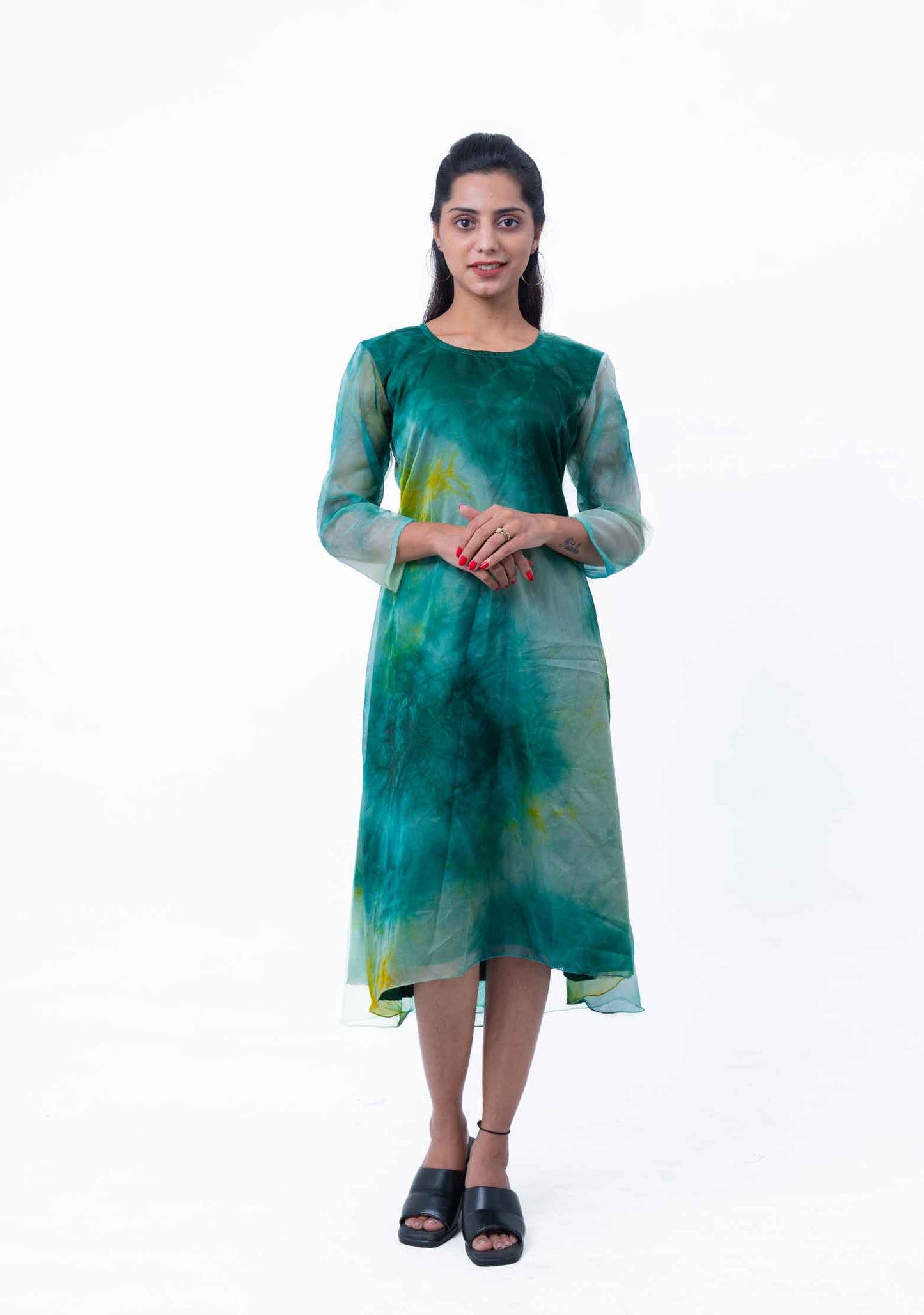 Dark green and yellow tie-dye organza dress