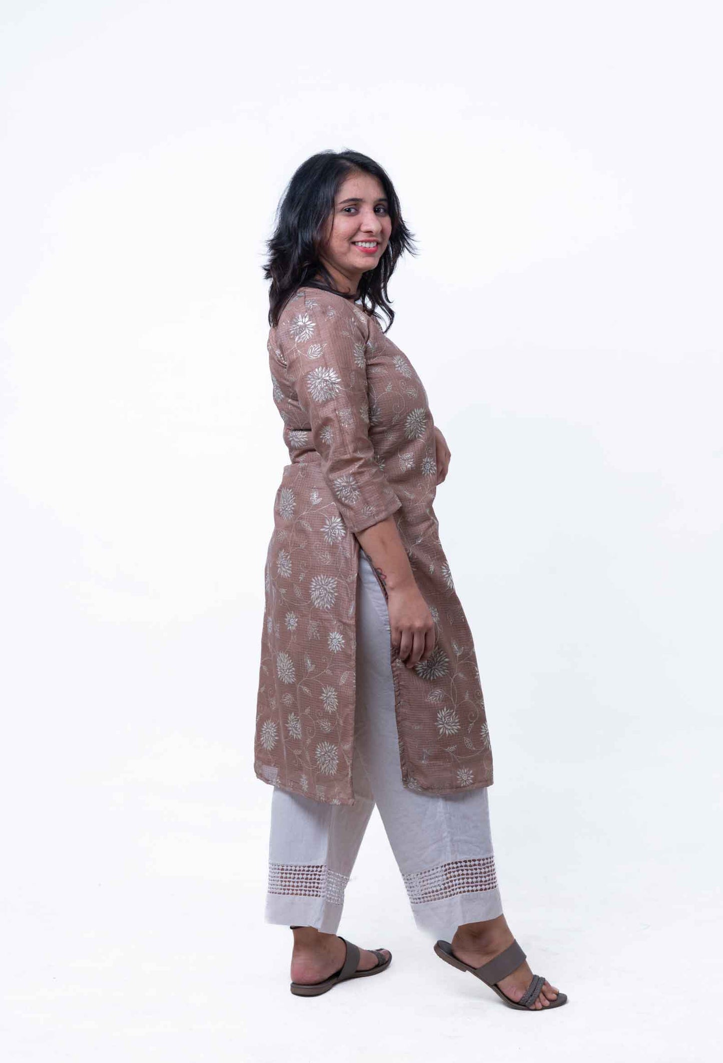 Tan floral foil printed Kota straight kurta