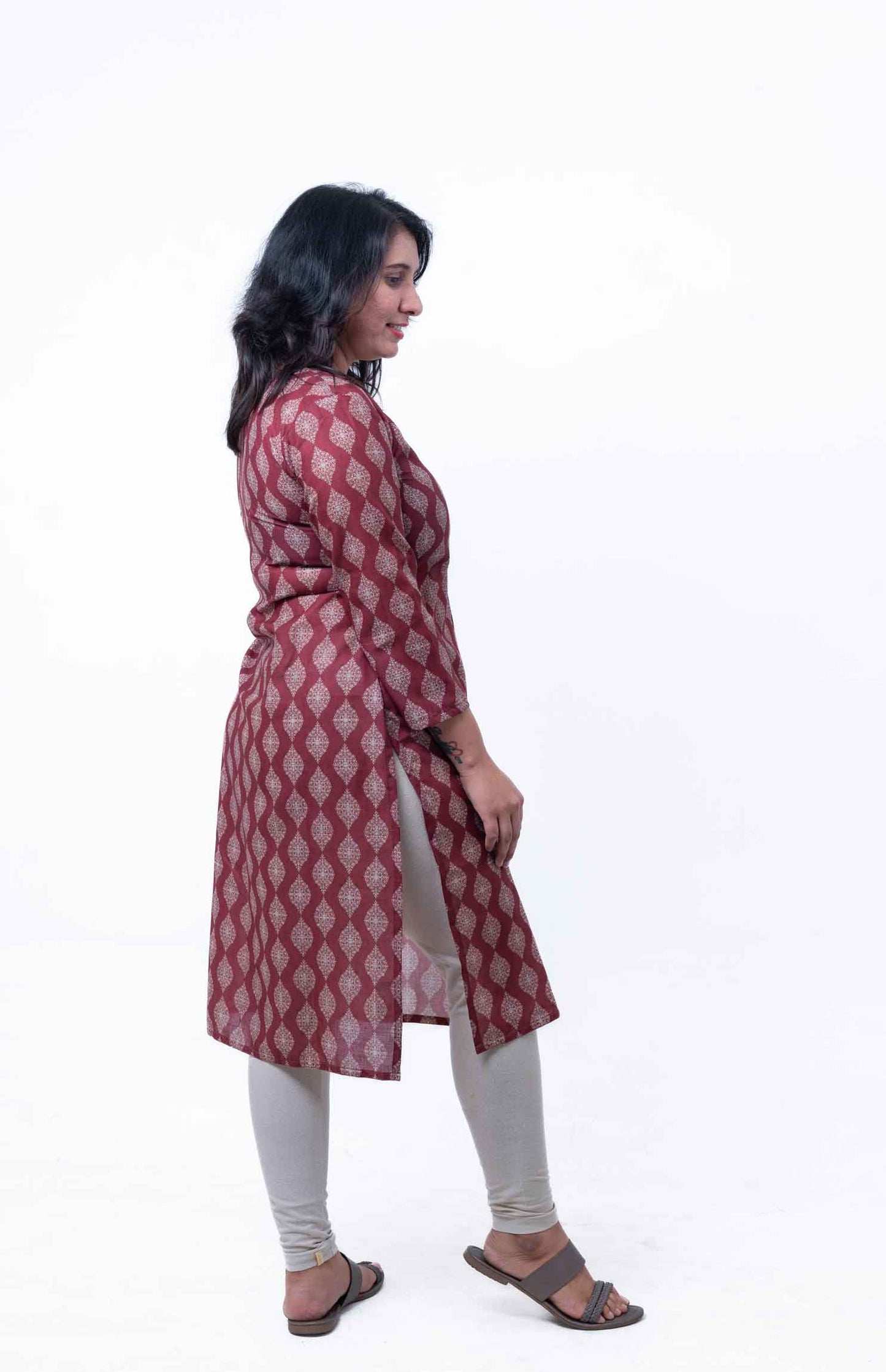 Brown trellis printed cotton straight kurta