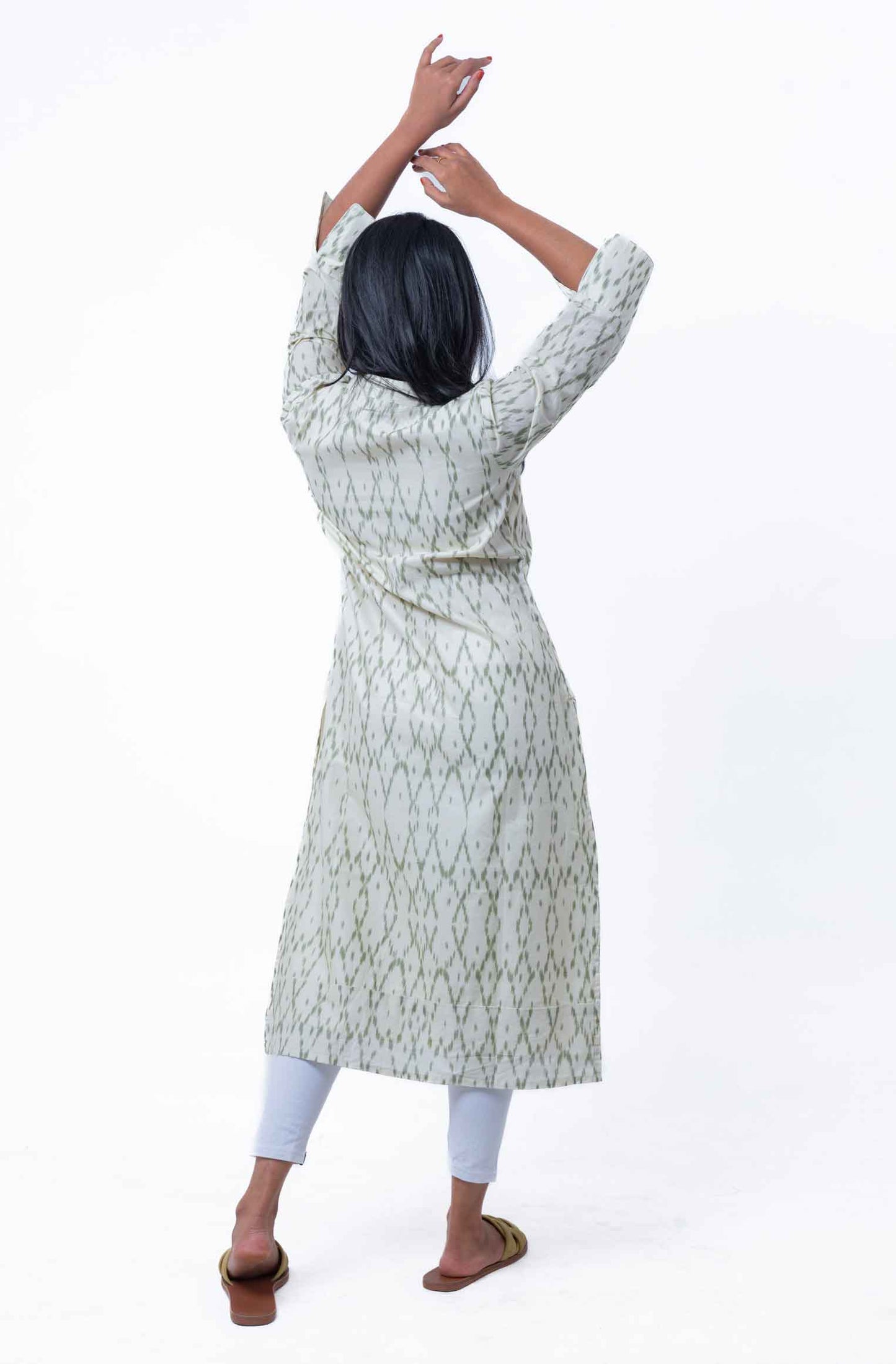 Off-white and green ikkat printed straight kurta