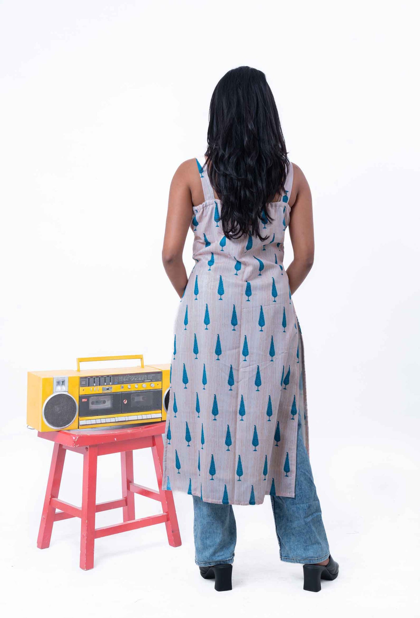 Beige and turquoise blue printed kurta