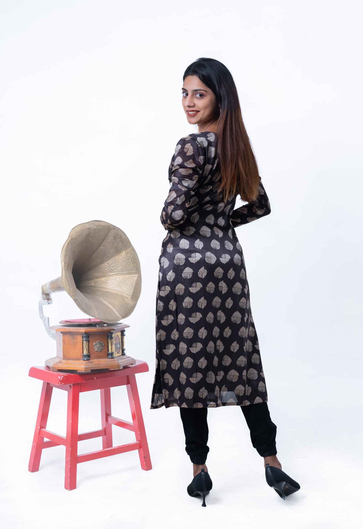 Black printed tussar silk kurta