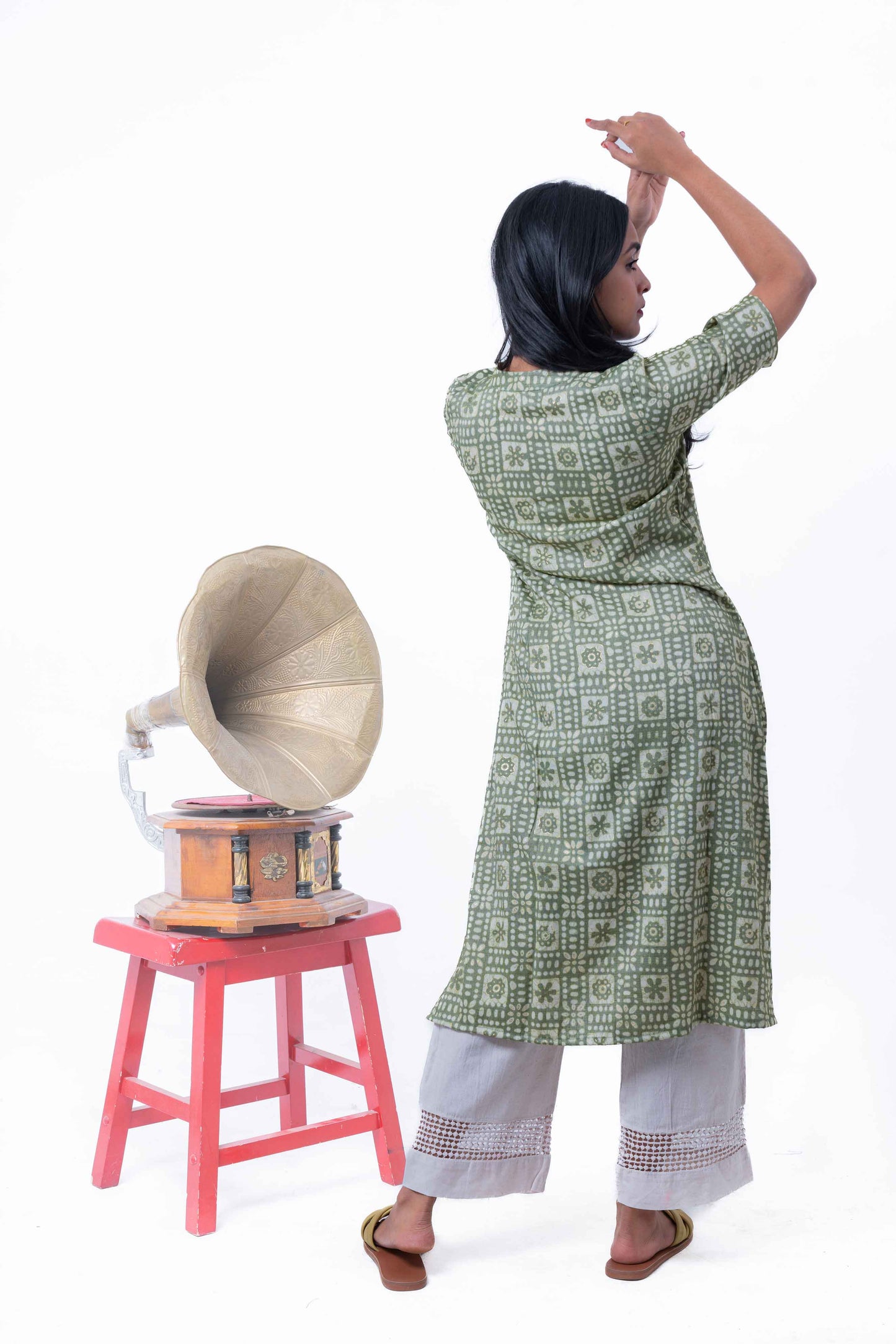 Green batik printed dress