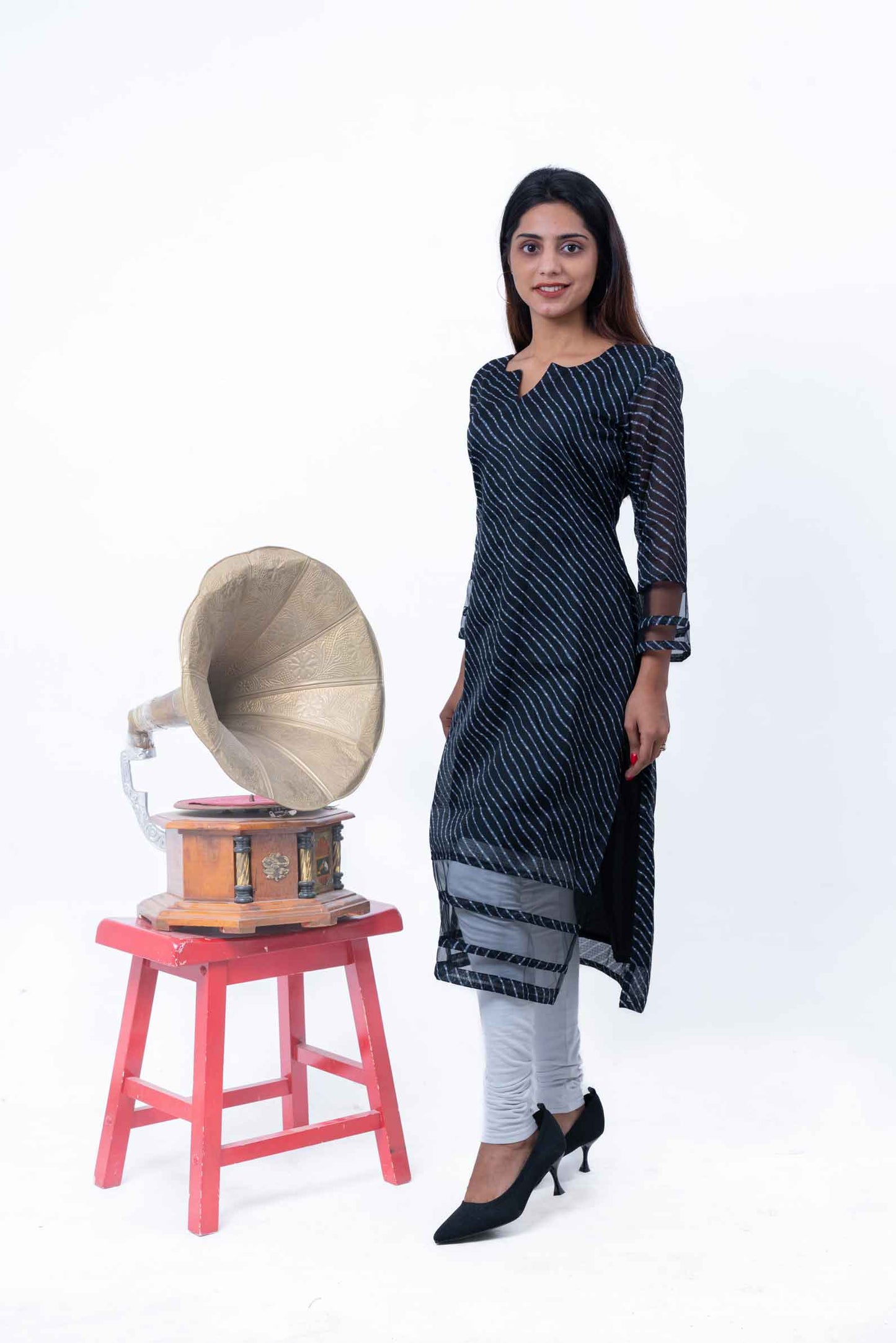 Black striped kota straight kurta