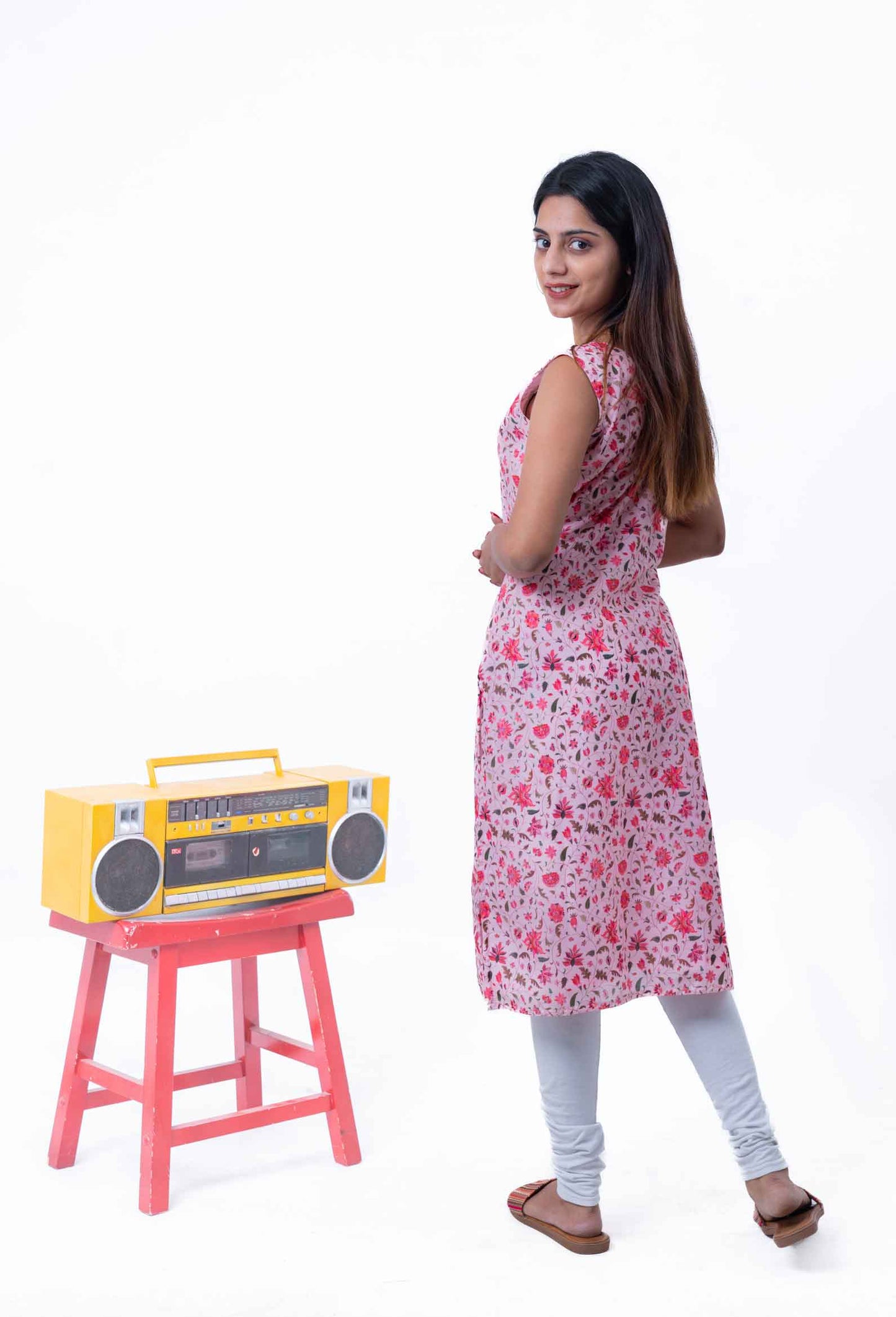 Flamingo pink printed straight kurta