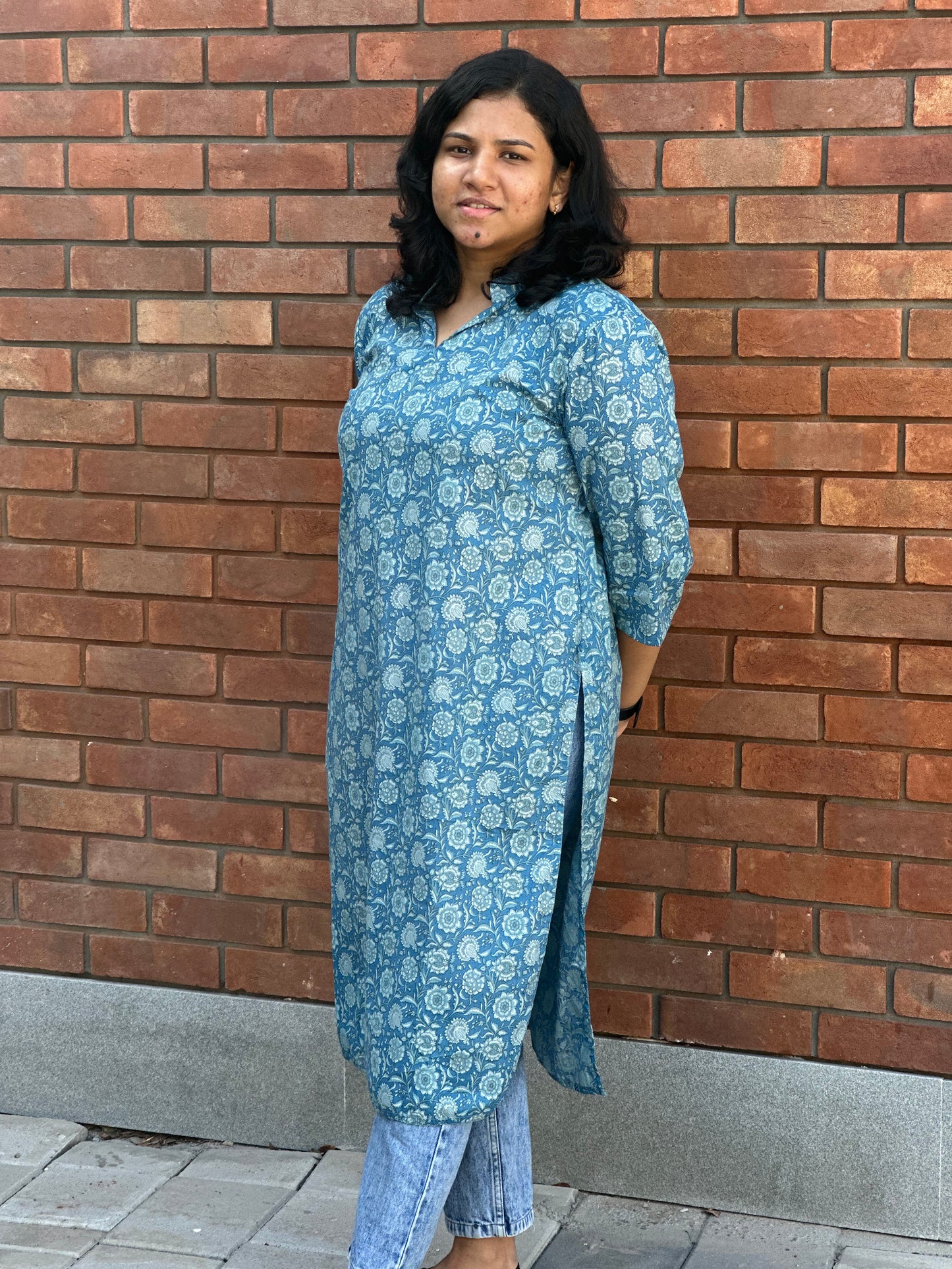 Sky blue floral printed cotton kurta