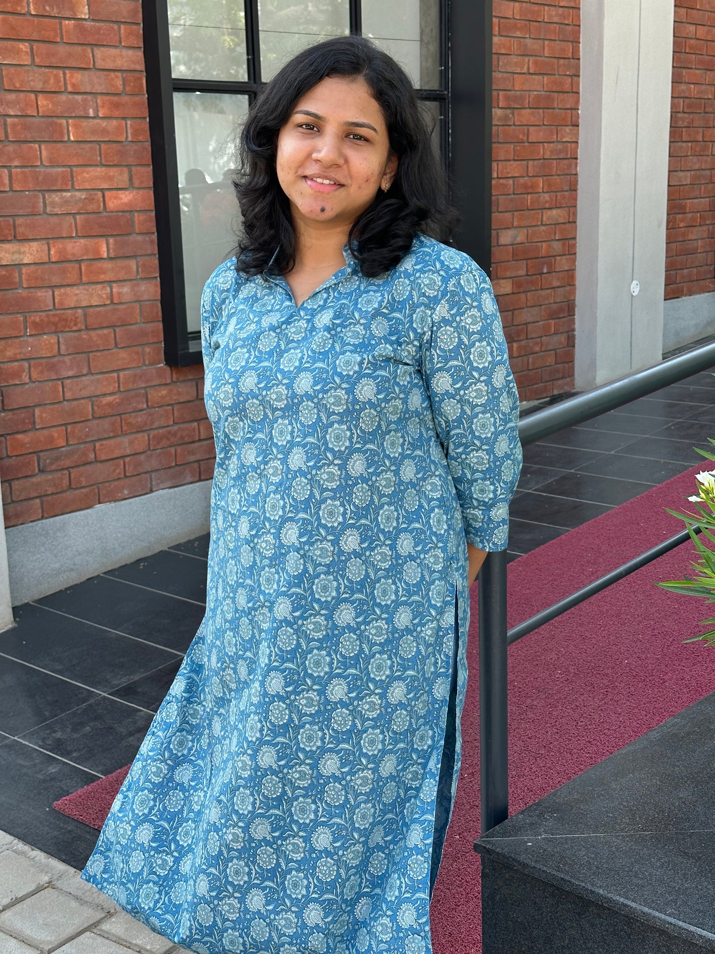 Sky blue floral printed cotton kurta