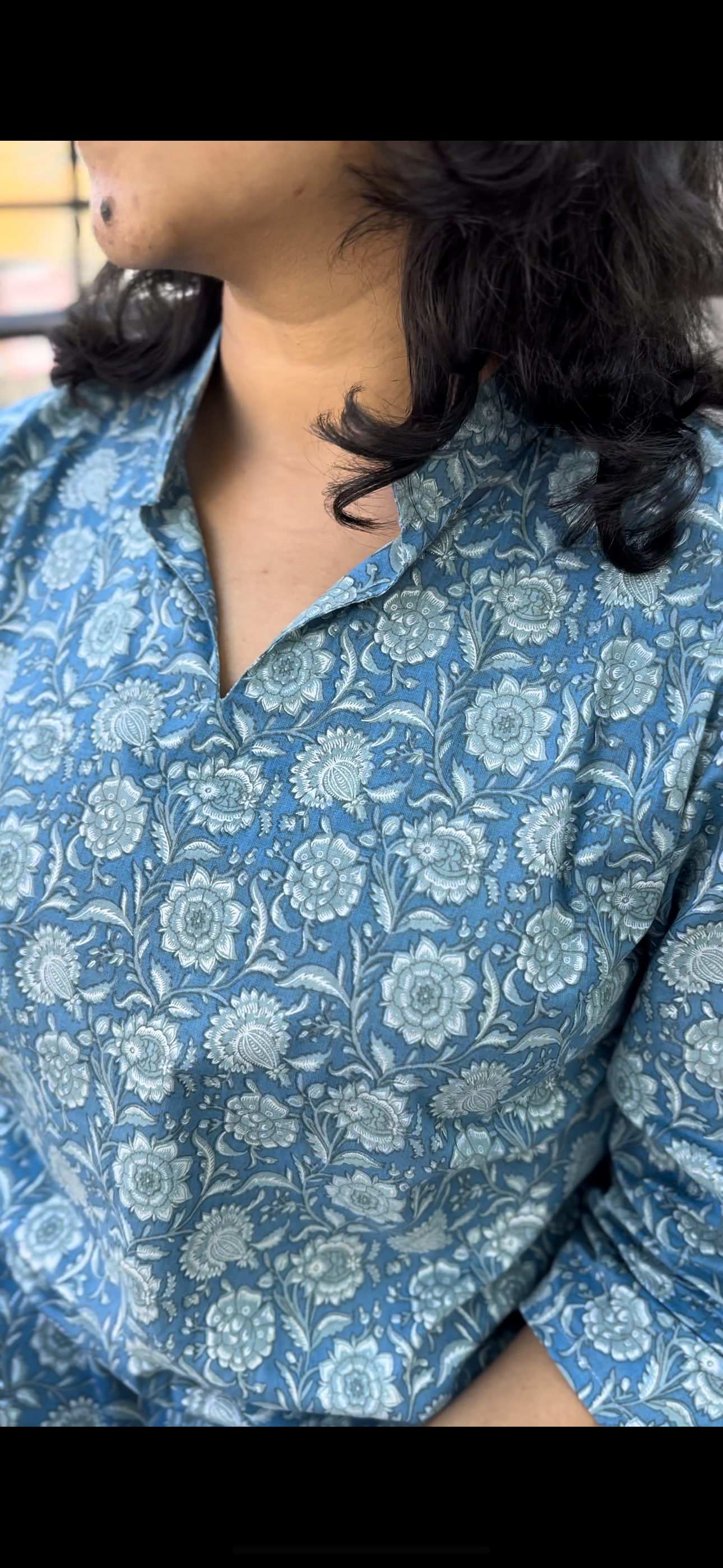 Sky blue floral printed cotton kurta