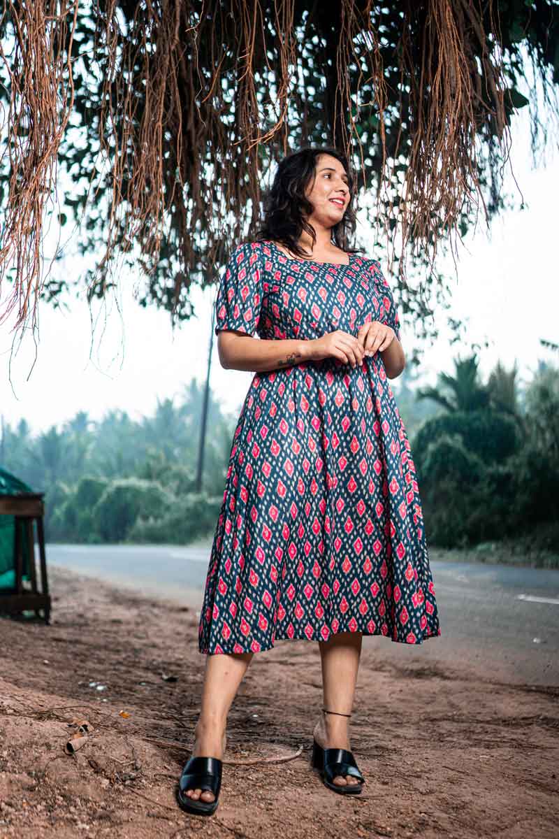 Navy blue ikkat cotton dress