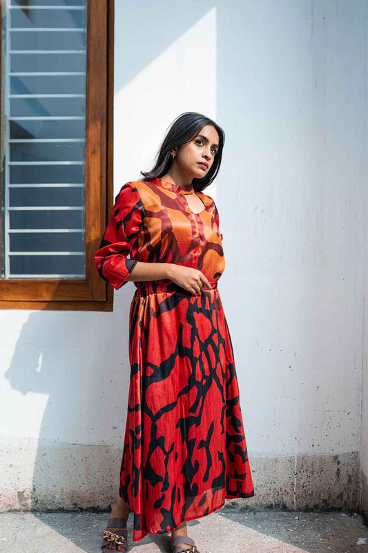 Orange and black abstract printed mulberry silk print dress