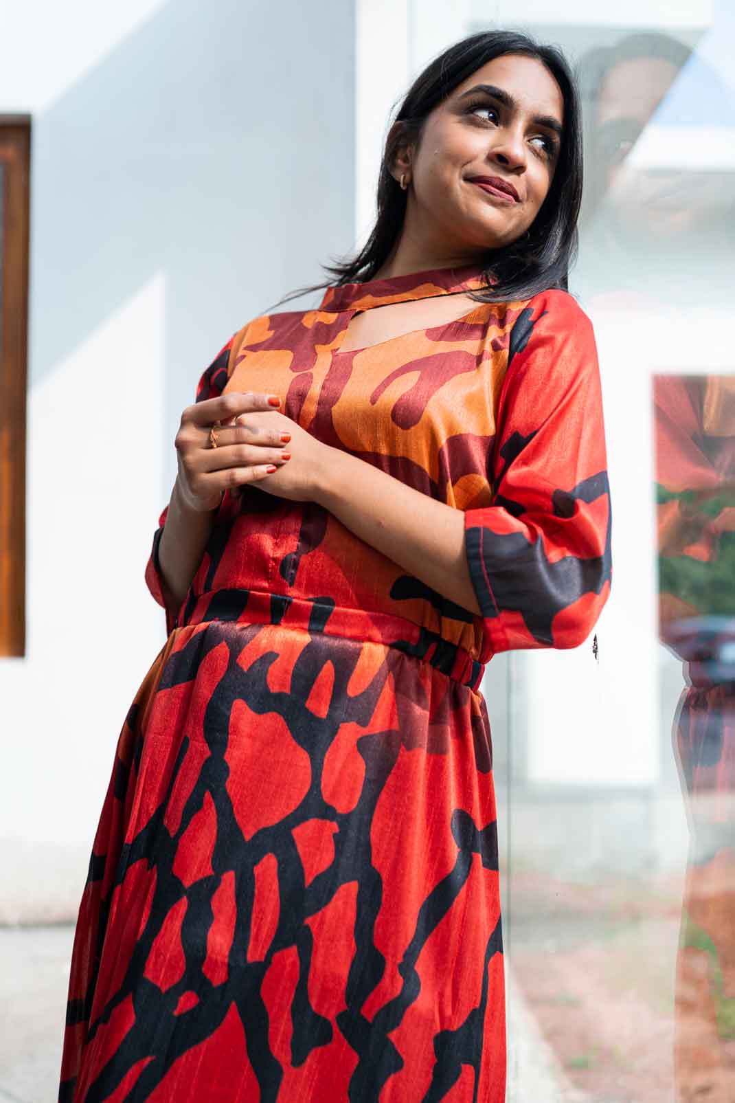 Orange and black abstract printed mulberry silk print dress