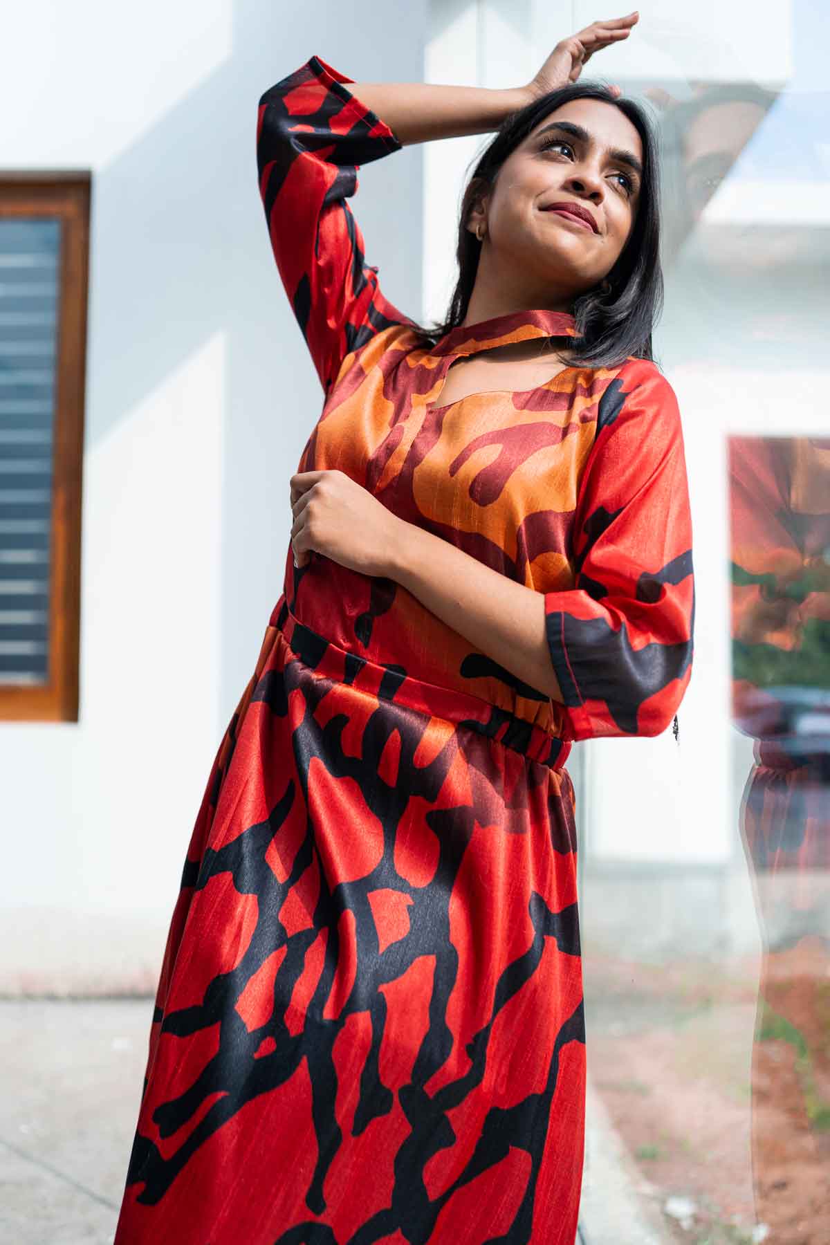 Orange and black abstract printed mulberry silk print dress