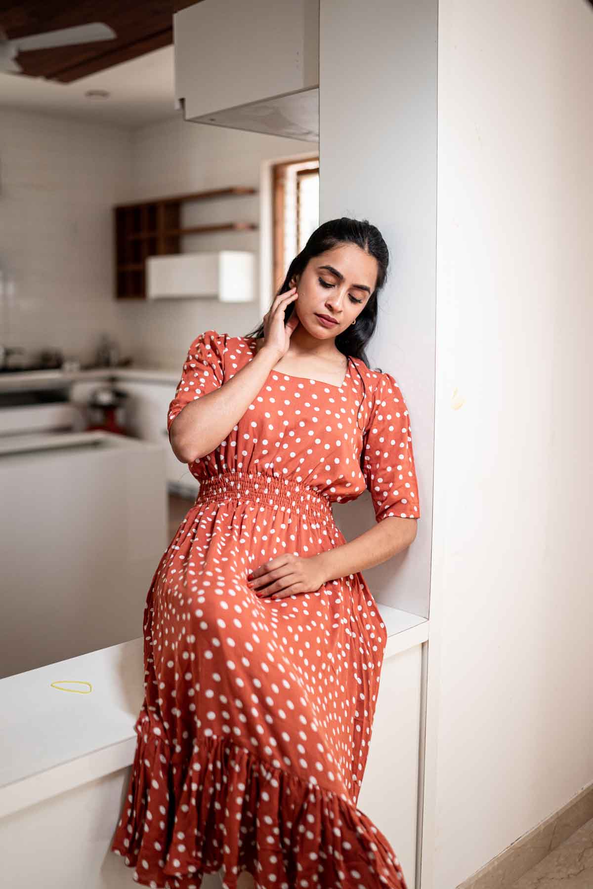 Gingerbread and white polka dots dress