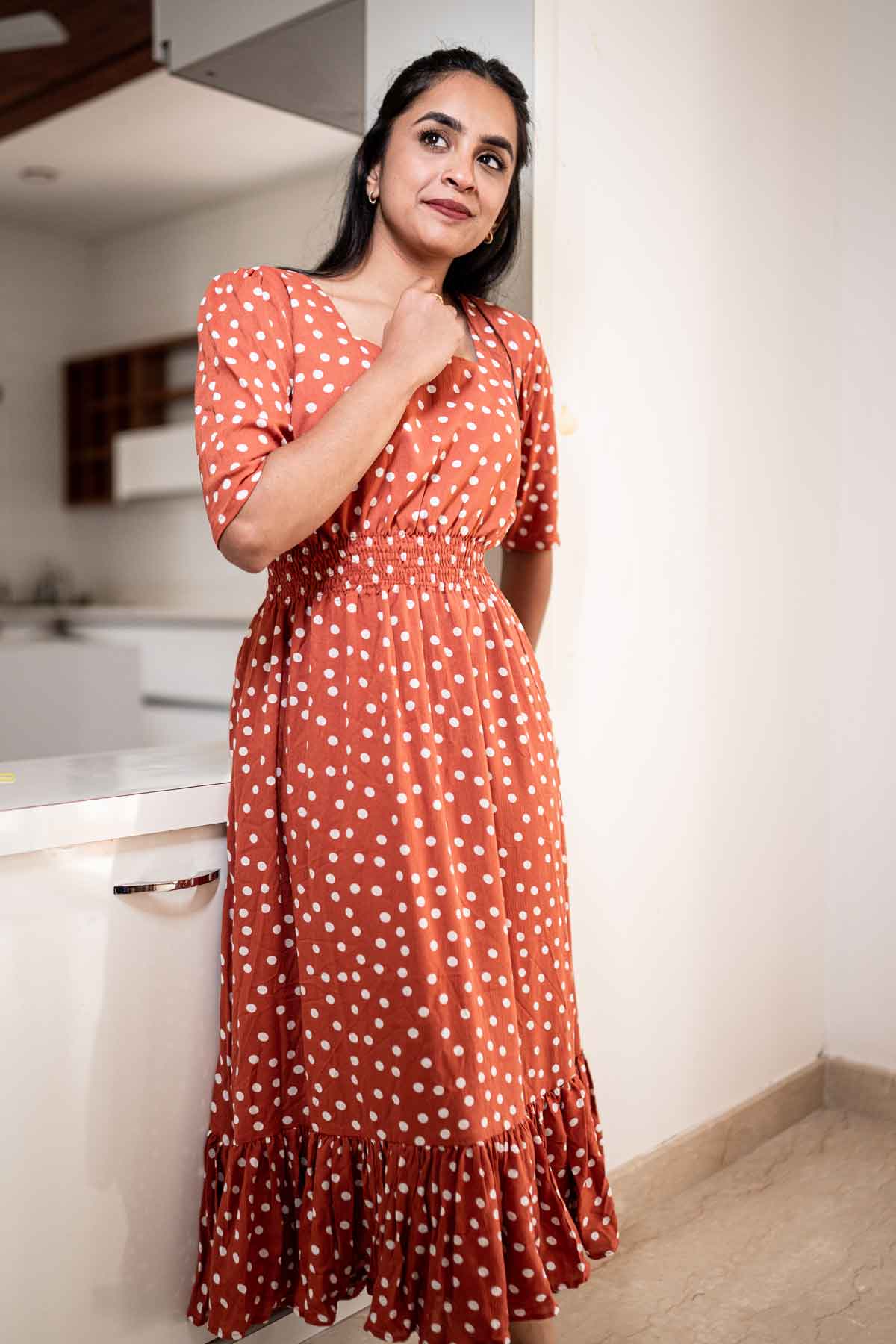 Gingerbread and white polka dots dress