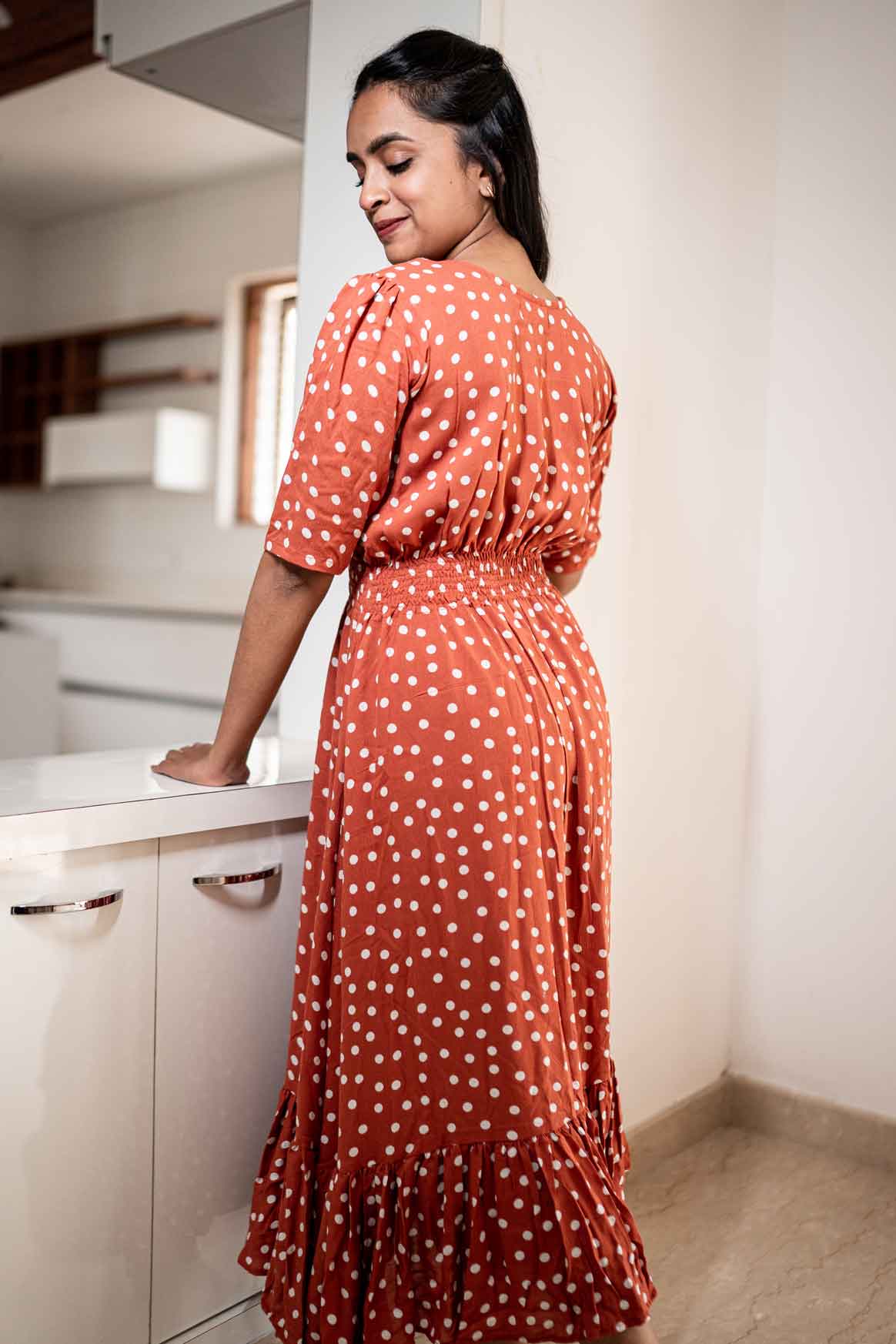 Gingerbread and white polka dots dress