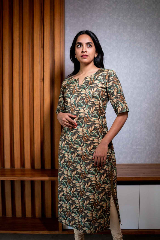 Leafy green printed raw silk kurta