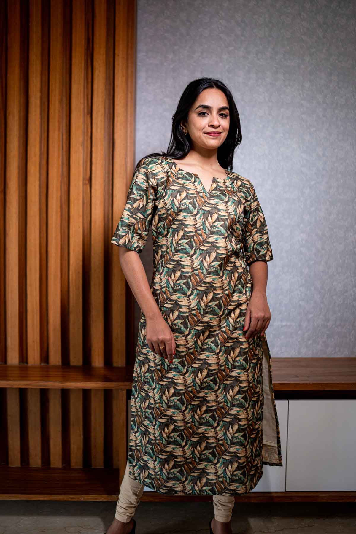 Leafy green printed raw silk kurta