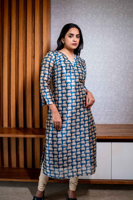 Navy blue khadi silk elephant printed kurta