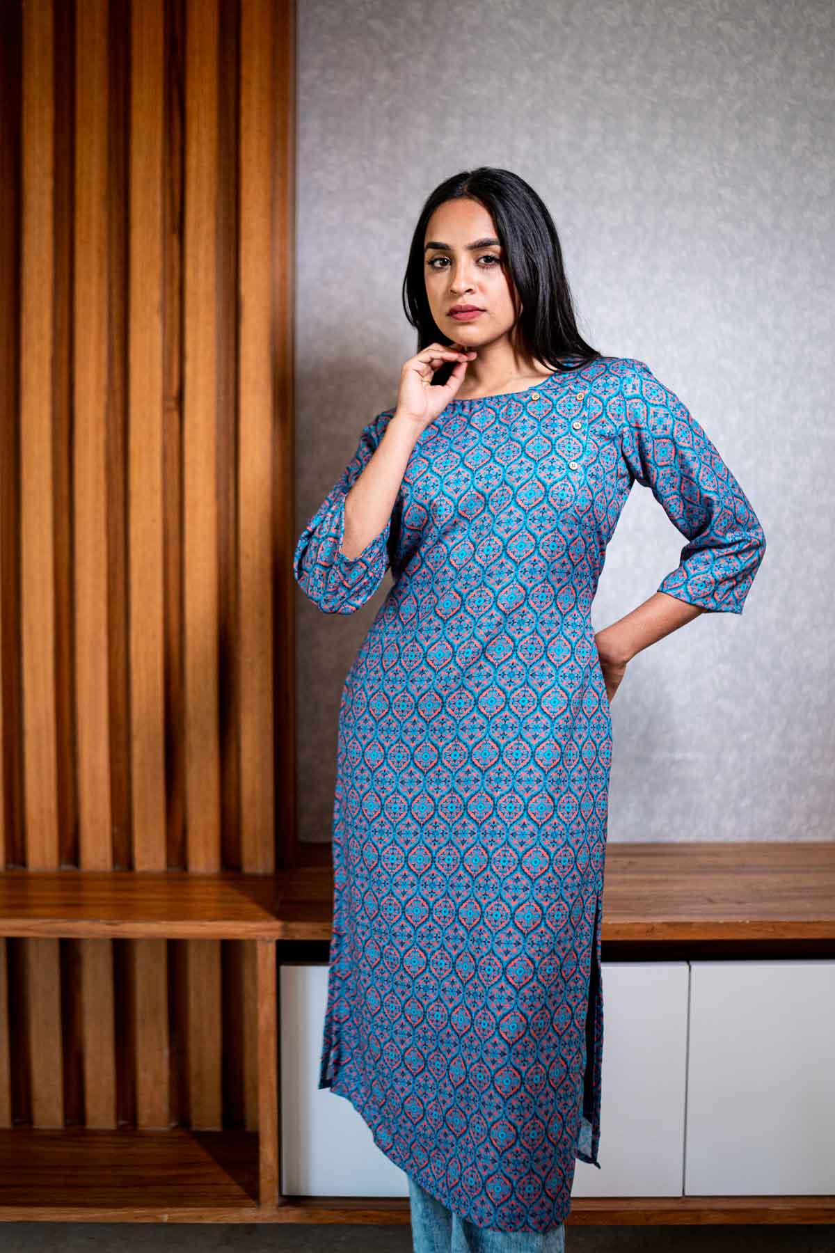 Sapphire blue trellis printed rayon straight kurta