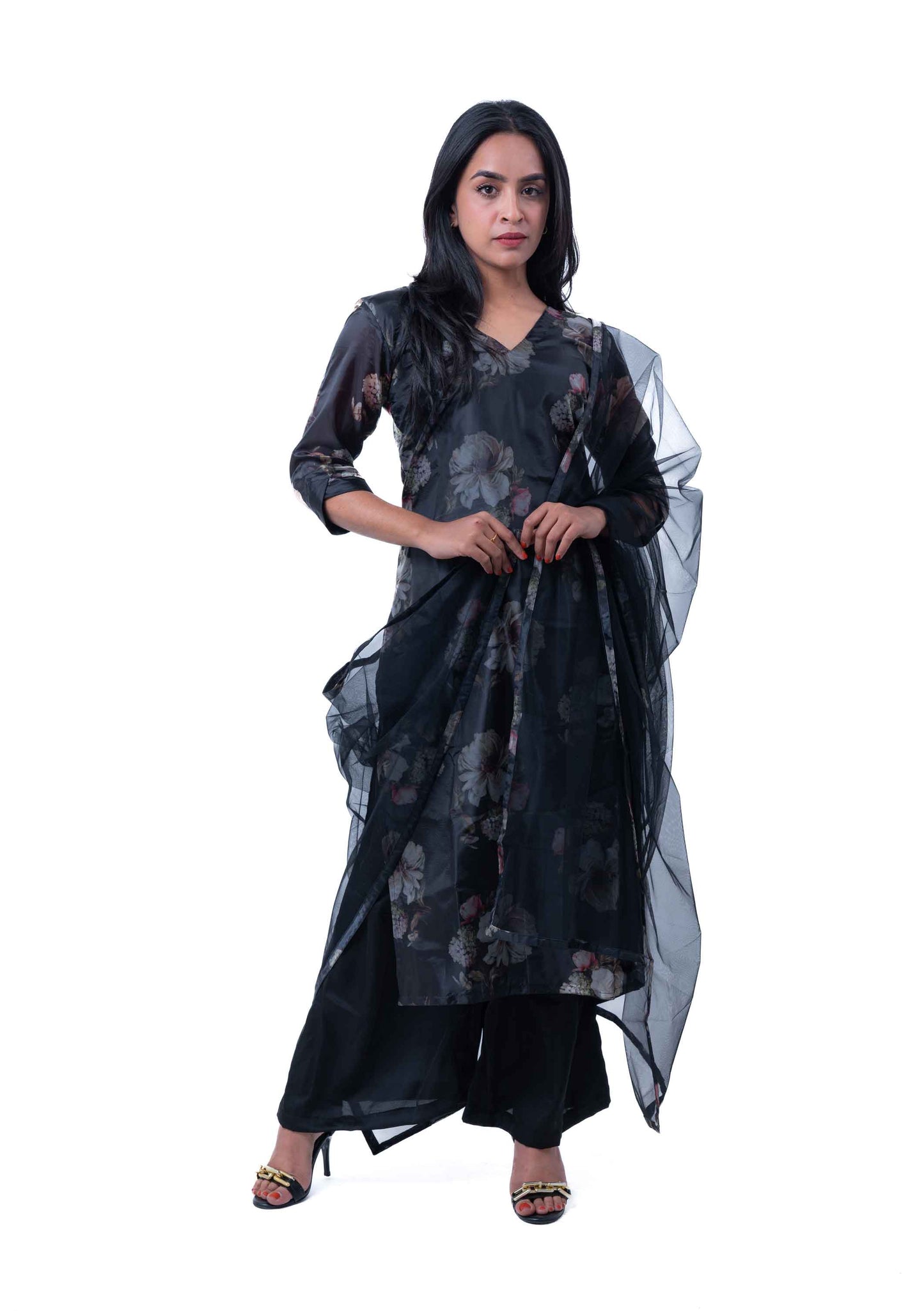 Black floral printed organza kurta set