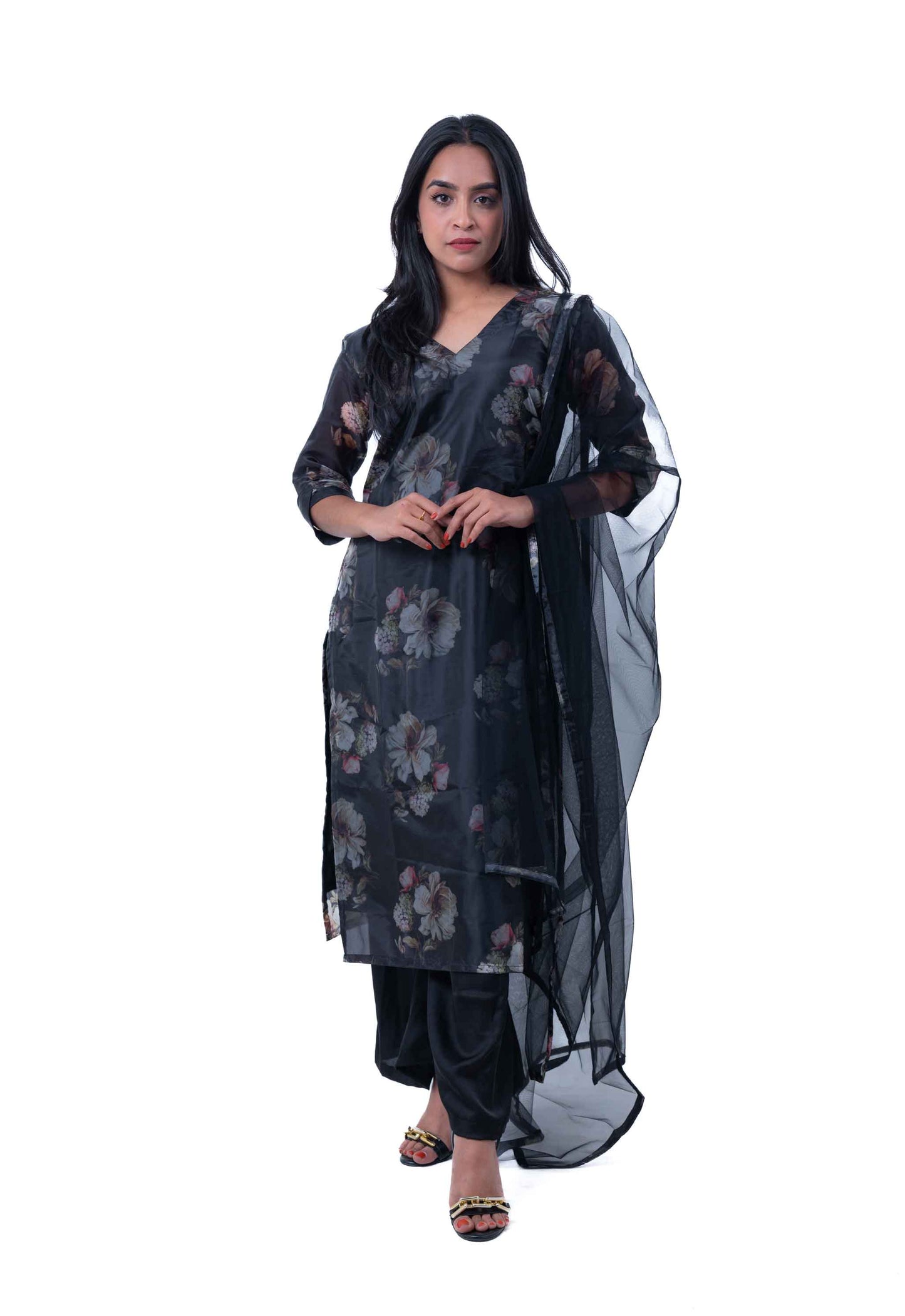 Black floral printed organza kurta set