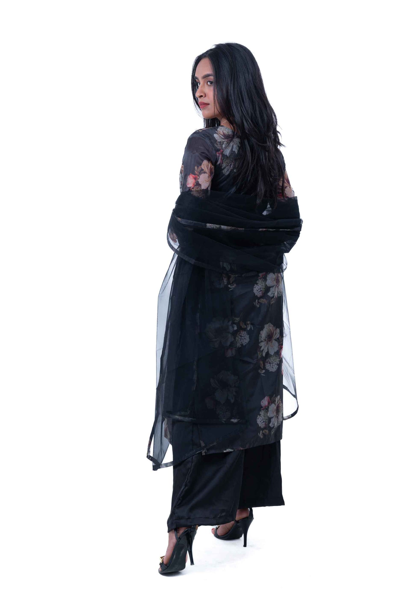 Black floral printed organza kurta set