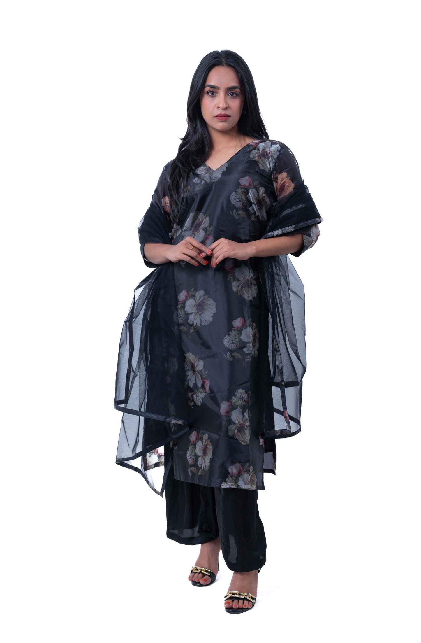 Black floral printed organza kurta set