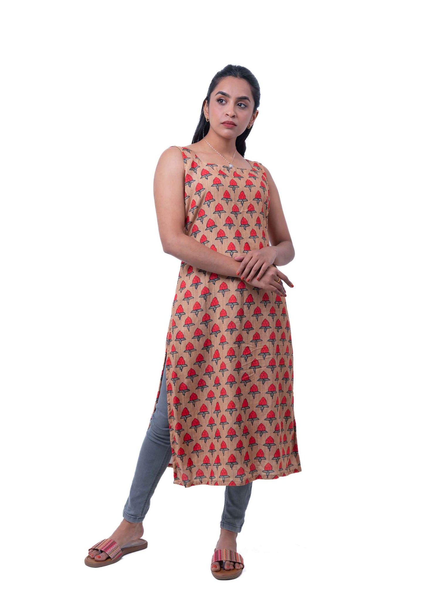 Mustard and red printed kurta