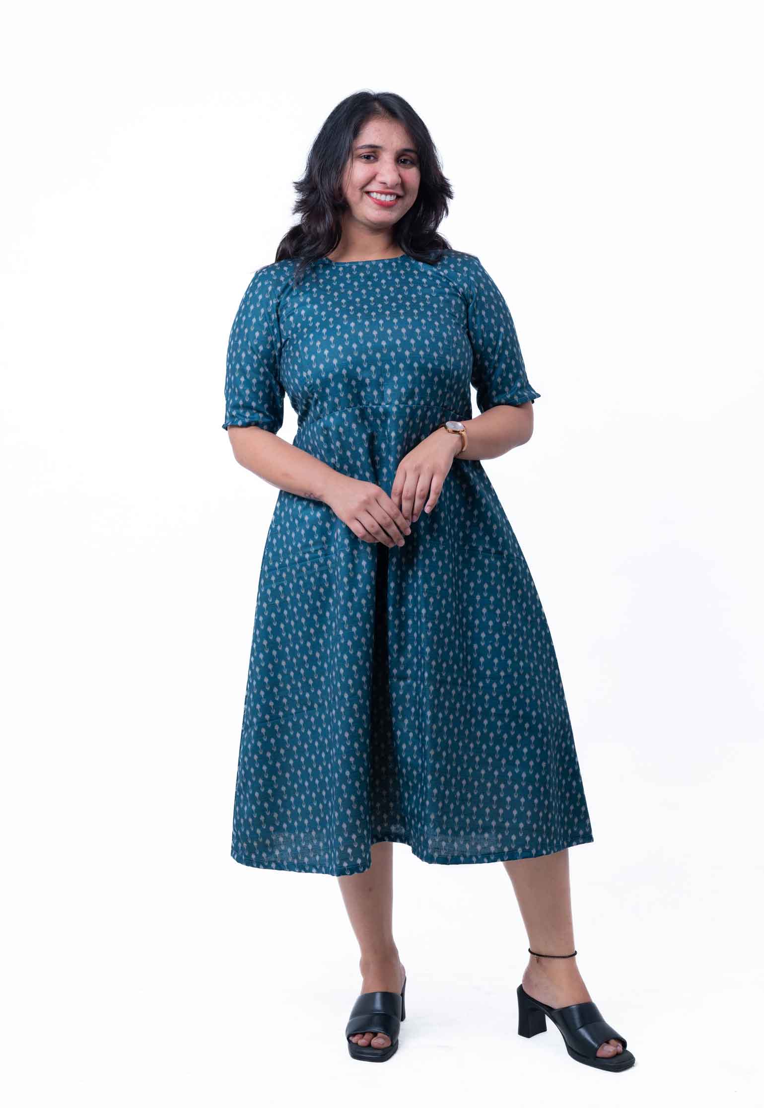 khadi silk dress Khadi spun silk embroidered dress in ivory color.Vibrant floral placement embroidery at sleeves and dress hem.Bishop Sleeves with back zipper opening.Self tone soft cotton lining for comfort and ease. Length:- 41 inches