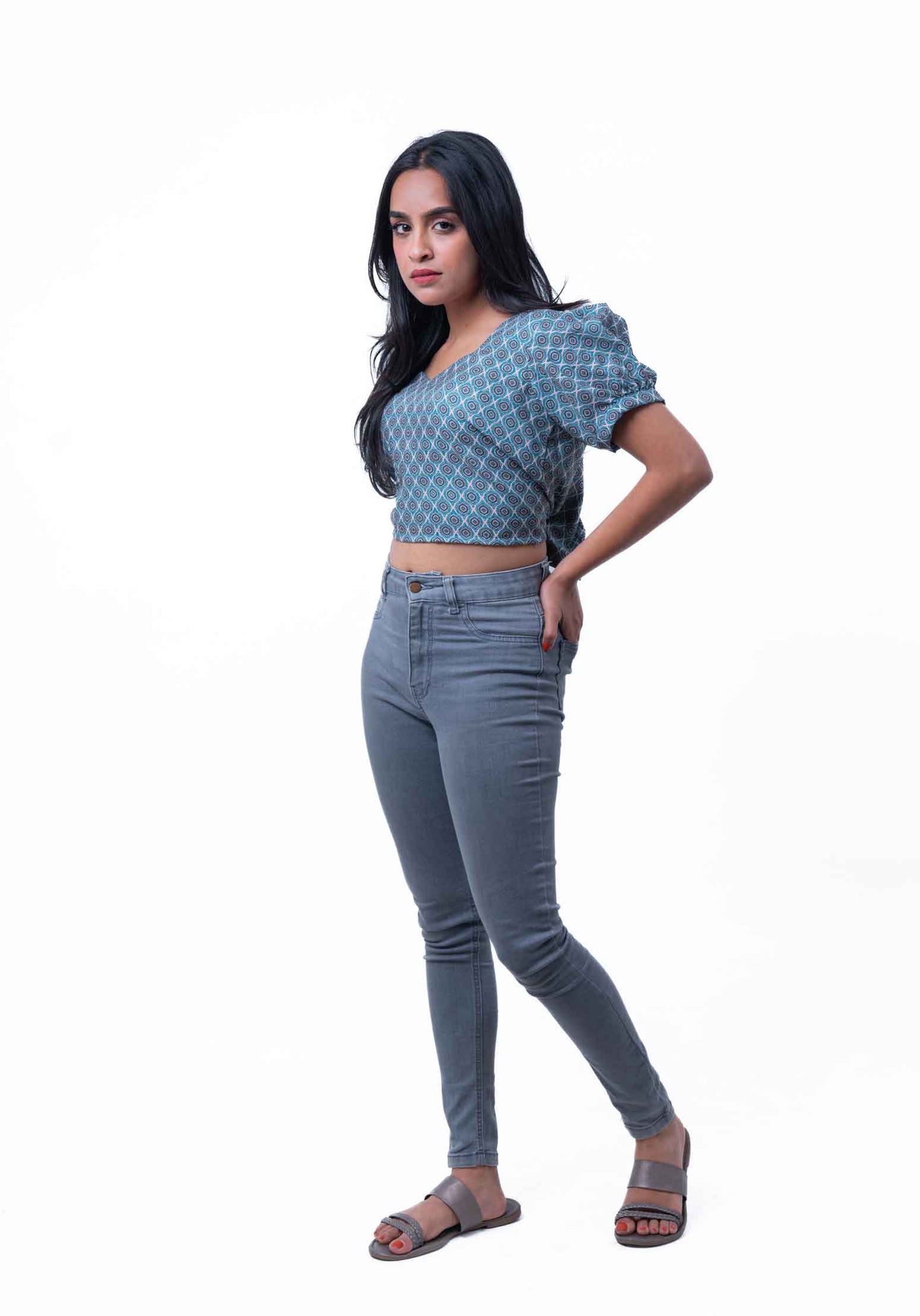 Teal green and off-white trellis printed crop top