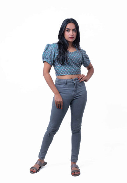 Teal green and off-white trellis printed crop top