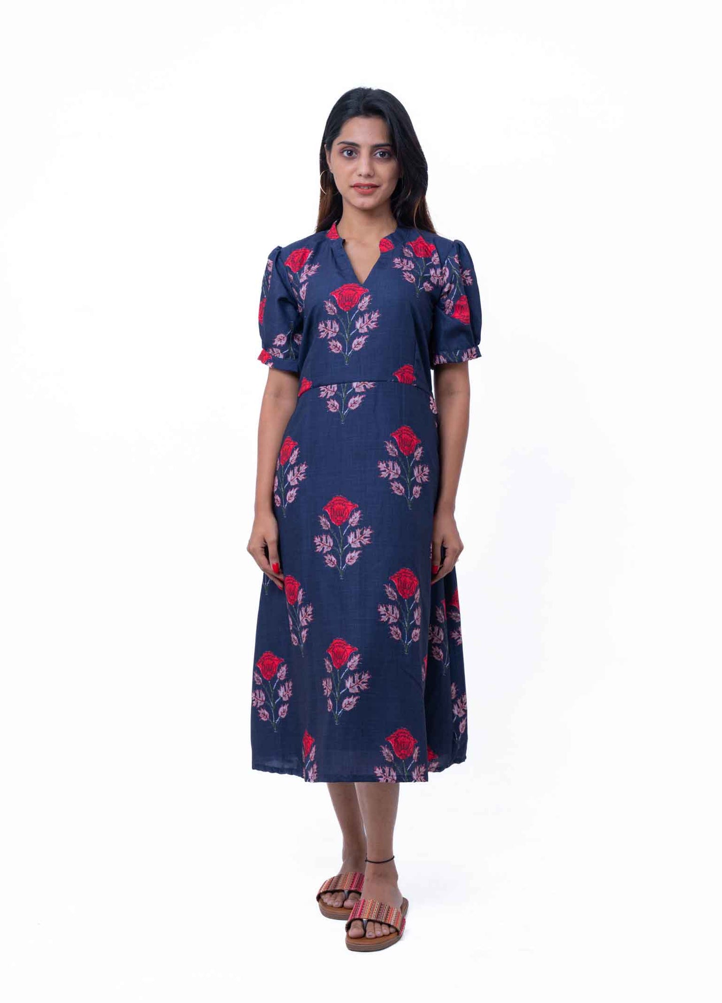 Navy blue floral printed cotton dress