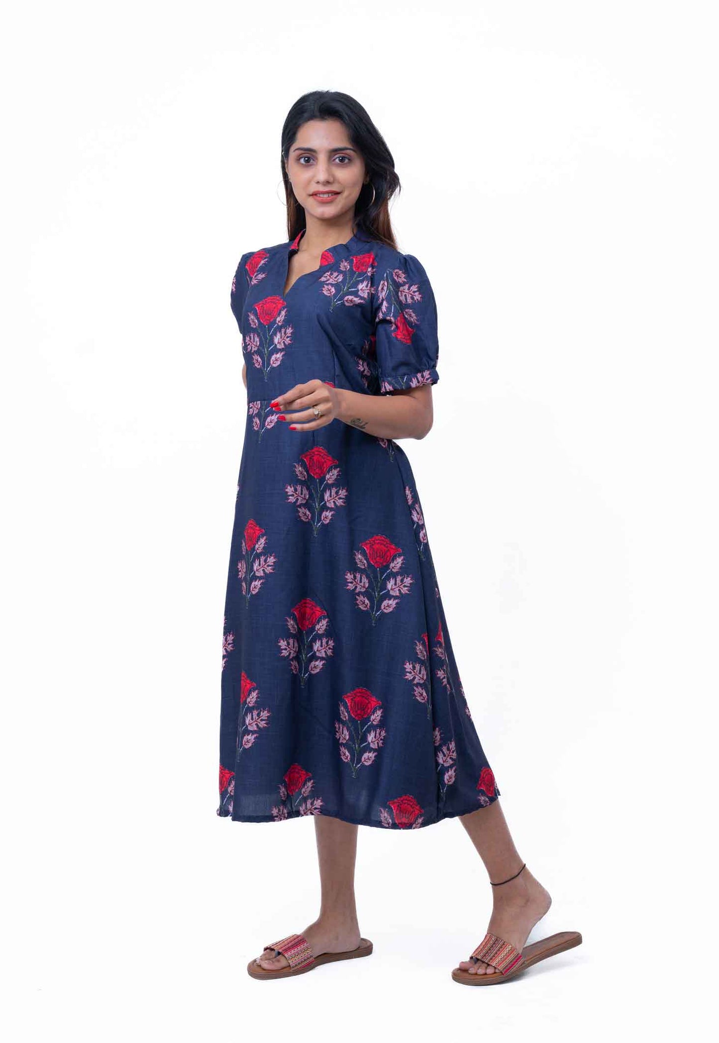 Navy blue floral printed cotton dress