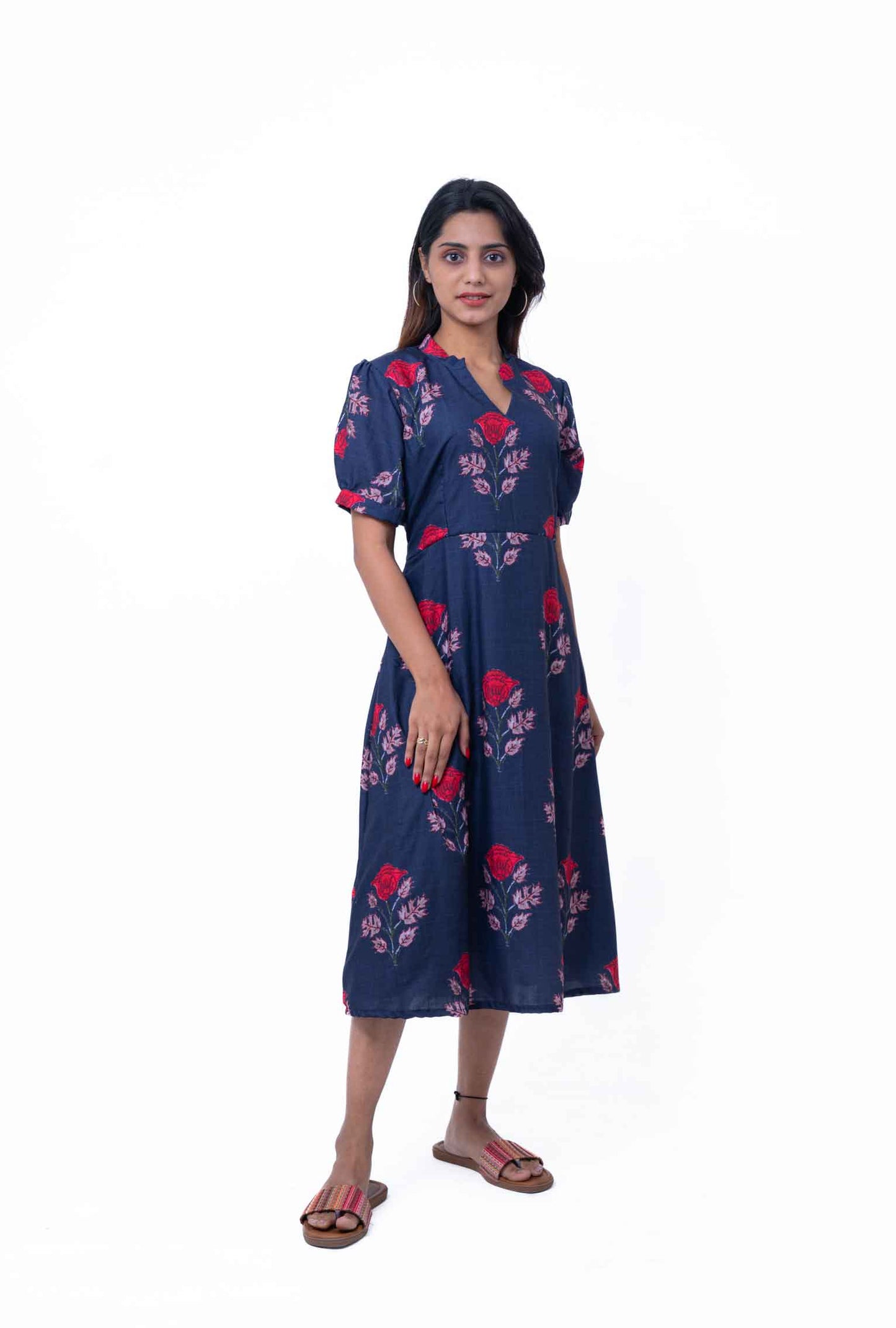 Navy blue floral printed cotton dress