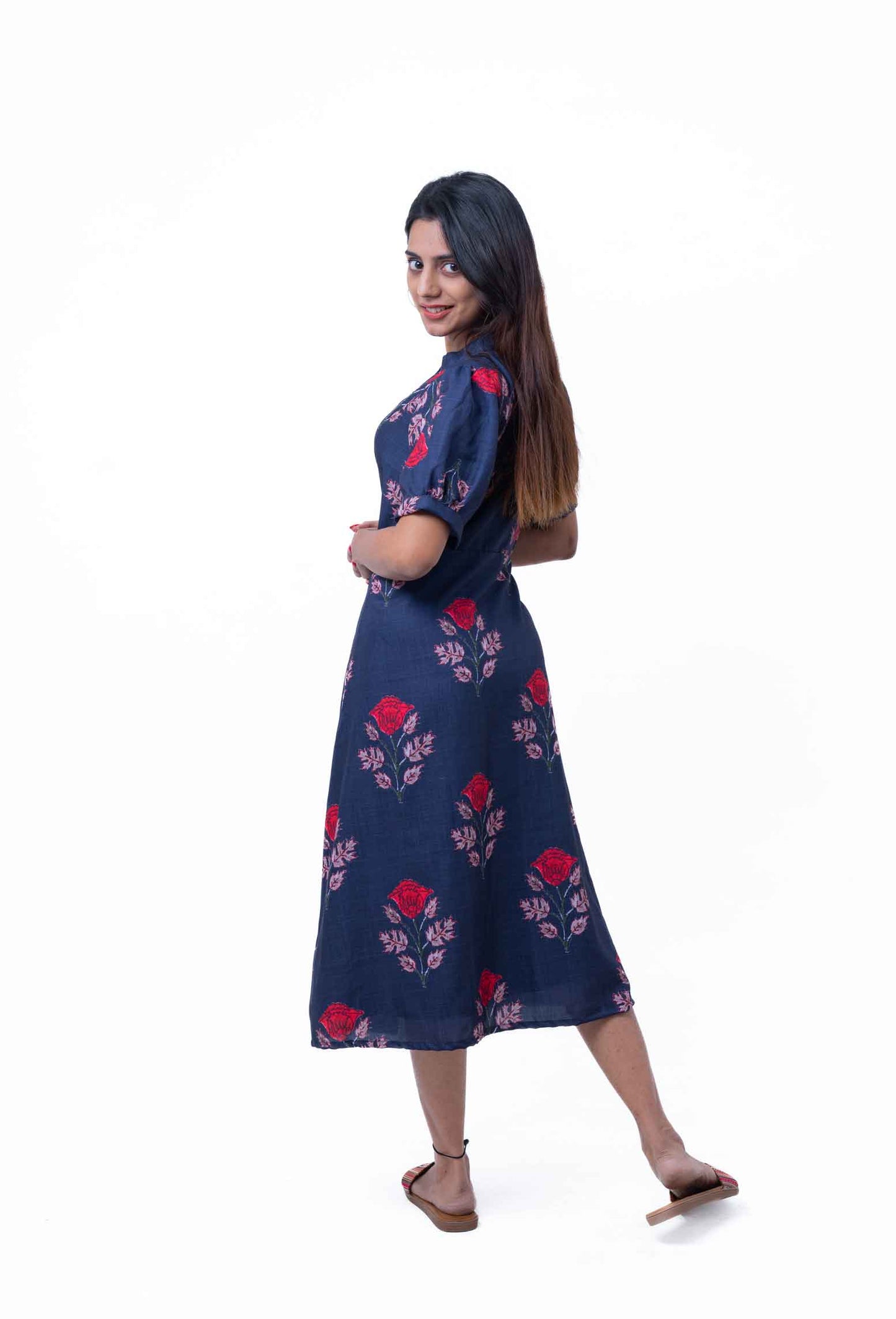 Navy blue floral printed cotton dress