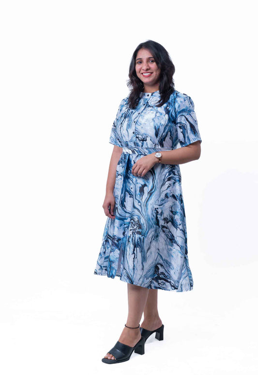 Slate blue tie-dye satin printed dress